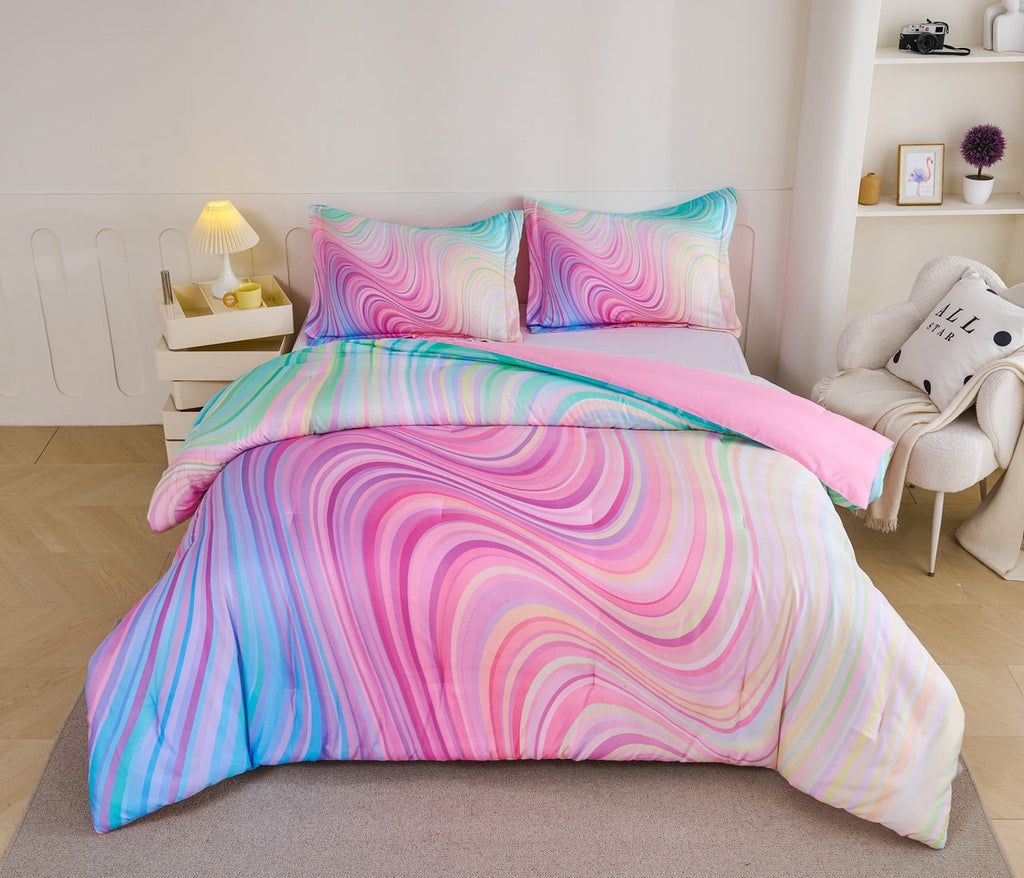 All-Season 3-Piece Abstract Tie Dye Comforter Set, Blue Pink Purple, Kids Bedding Set for Girls Full/Queen Size - Cloud-Like Soft Lightweight Bed Comforter Detail