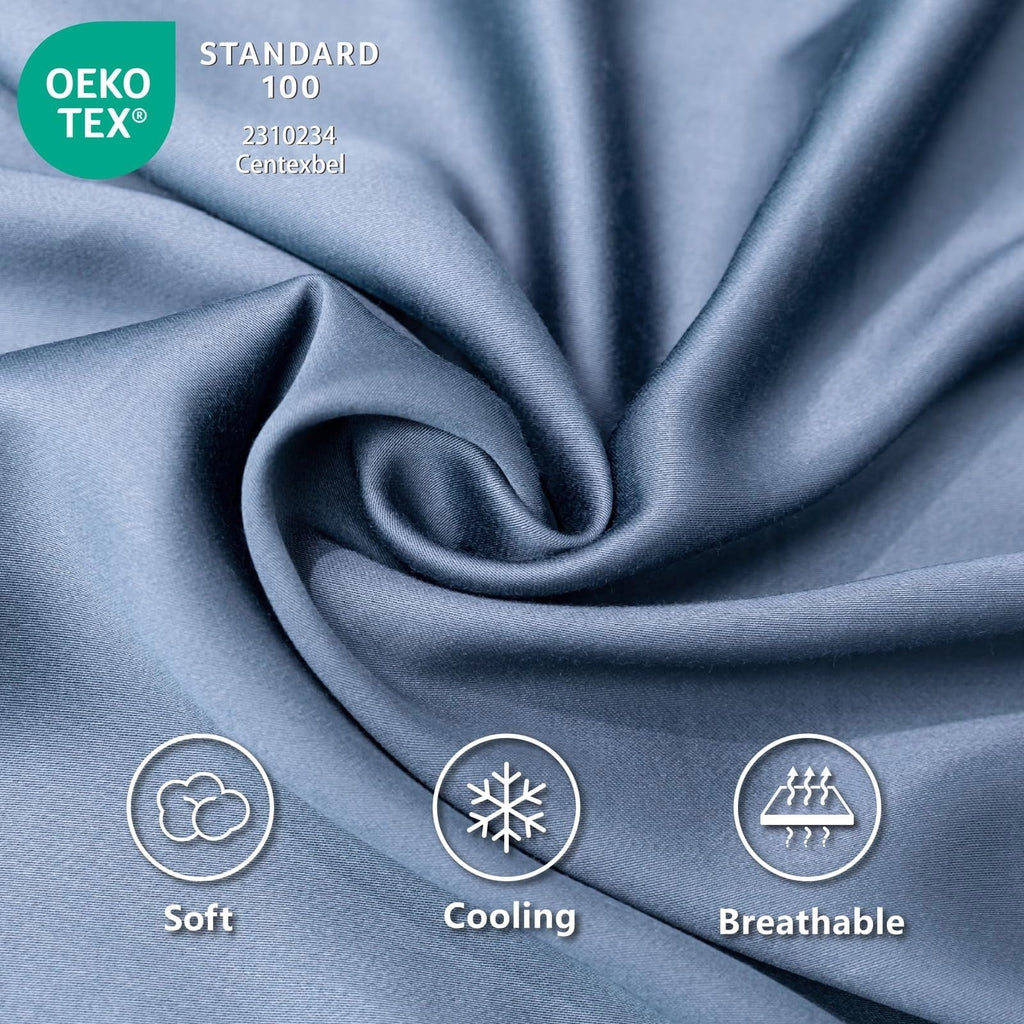 Cooling Sateen Luxury Bamboo Bed Sheets Set Full 4 Pcs for Adult,Soft&Cool,16" Deep Pocket,Blue Gray - Luxury Bed Sheet Set with Deep Pockets Detail