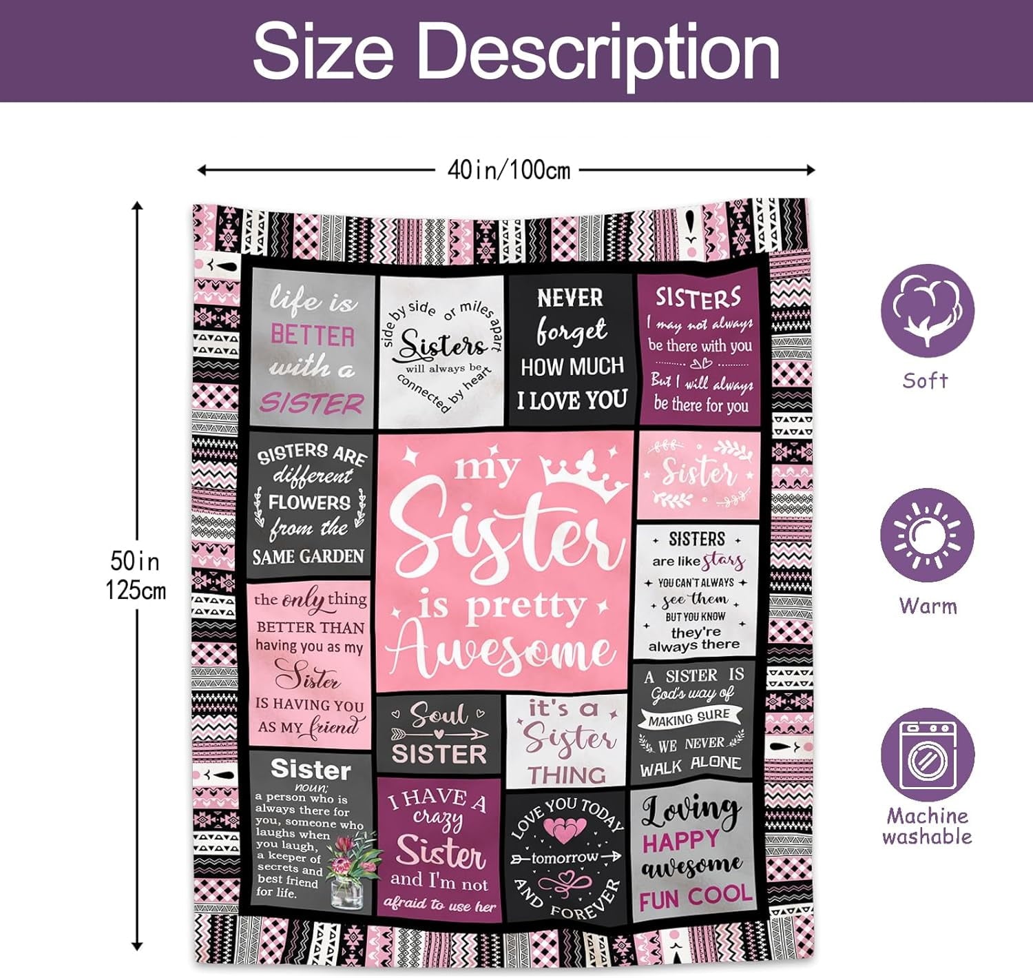 Reversible Sherpa Sister Gifts , Sisters Birthday Gift Idea, Best Sister Ever Gift for Women, Birthday Gifts for Sisters, Sis Soft Thro... - Cozy Fleece Throw Blanket for Couch & Bed Detail