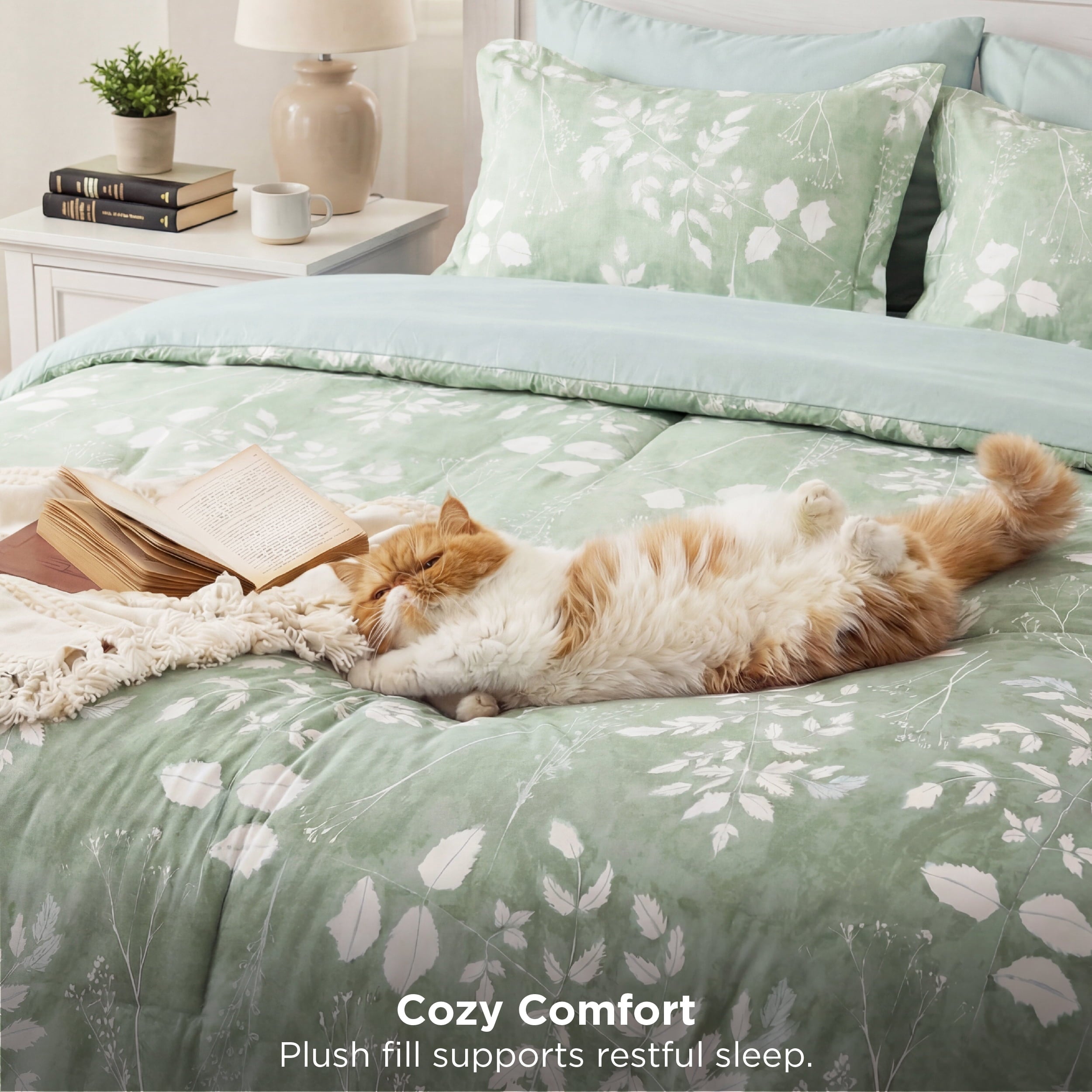 Heavyweight Warmth Queen Comforter Set Sage Green, Bed in a Bag Queen Size Bedding, 7-Pieces Botanical Flowers Spring Comforter, Sheets,... - Cloud-Like Soft Lightweight Bed Comforter Detail