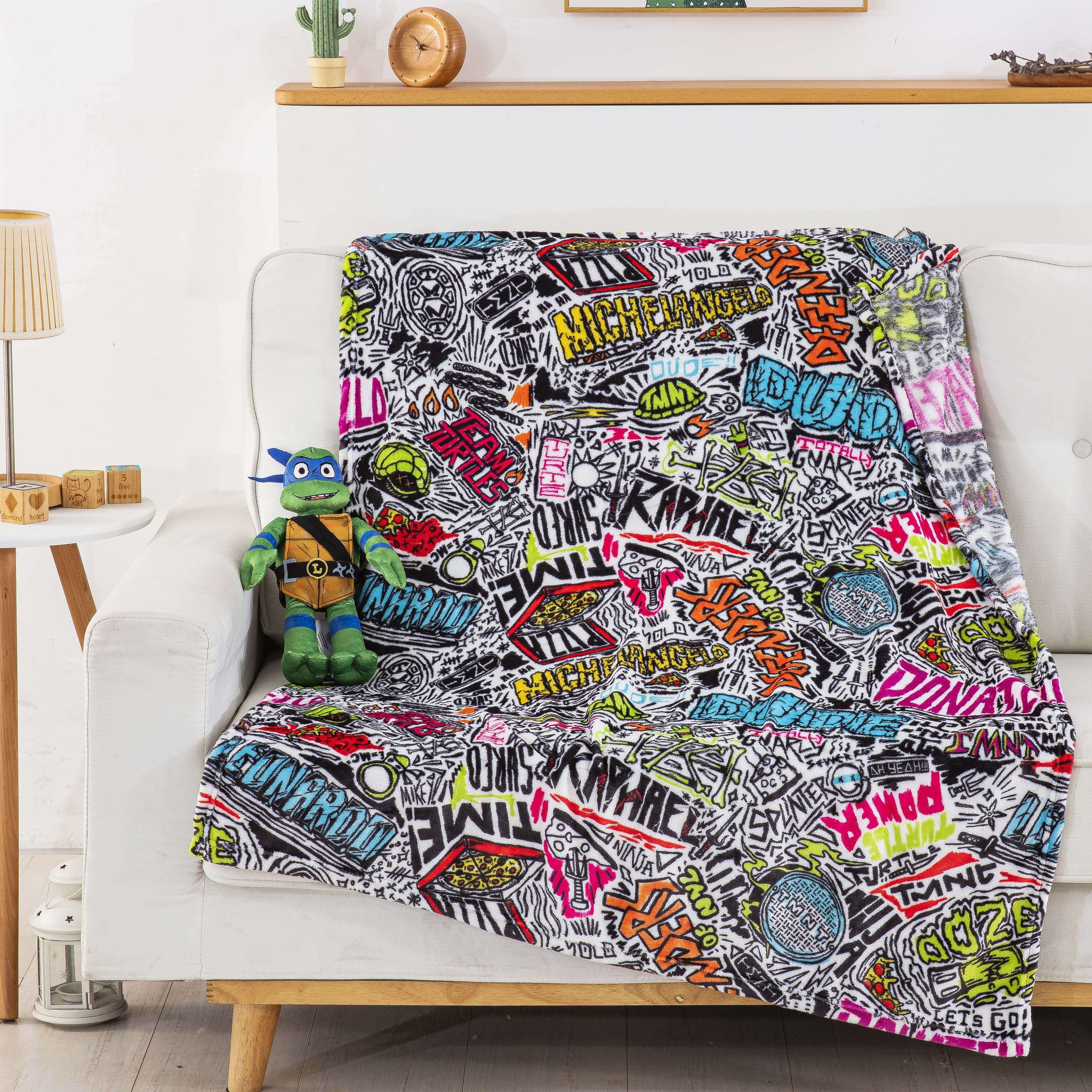 Super Soft Flannel Teenage Mutant Tutles Sketched Out Kids Silk Touch Throw Blanket with Plush Hugger – Ultra Soft Plush Character Pillo... - Luxury Knitted Decorative Throw Blanket with Fringes Detail