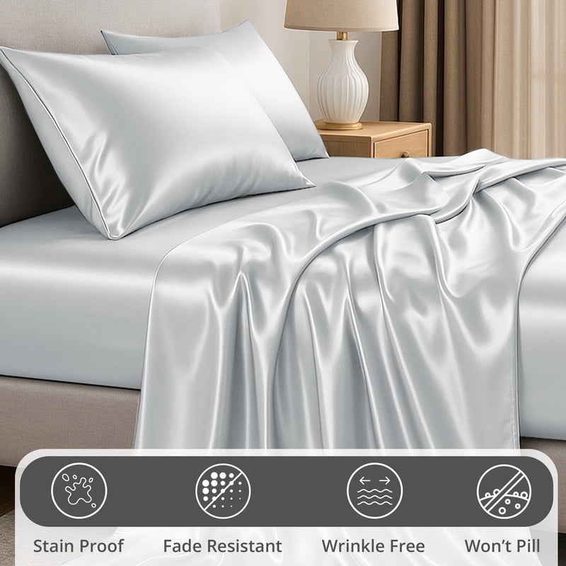 Breathable Luxury Lux Decor Luxury Satin Sheets King Size - 4 Piece Cooling Bed Sheet Set, Silky Soft & Smooth, Deep Pockets up to 15",... - Luxury Bed Sheet Set with Deep Pockets Detail