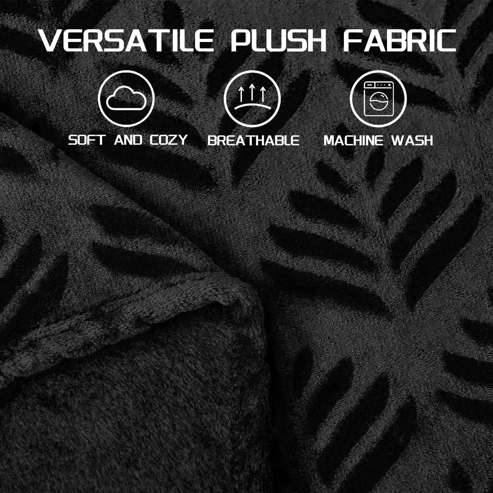 Lightweight Warm Fleece Throw Blanket for Couch, Leaves Pattern Super Soft and Cozy Blankets, Plush Fuzzy Lightweight, Black, 50"x60" - Lightweight Plush Warm Blanket for All Seasons Detail