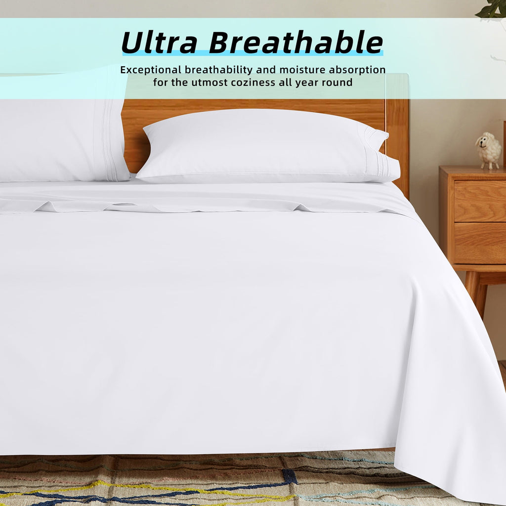 Wrinkle-Resistant Bed Sheets Set, Microfiber Deep Pocket 4 Pieces Luxury Soft Sheet Set, Queen, White - Cooling Hotel Quality Bedding Sheets and Pillowcases Detail