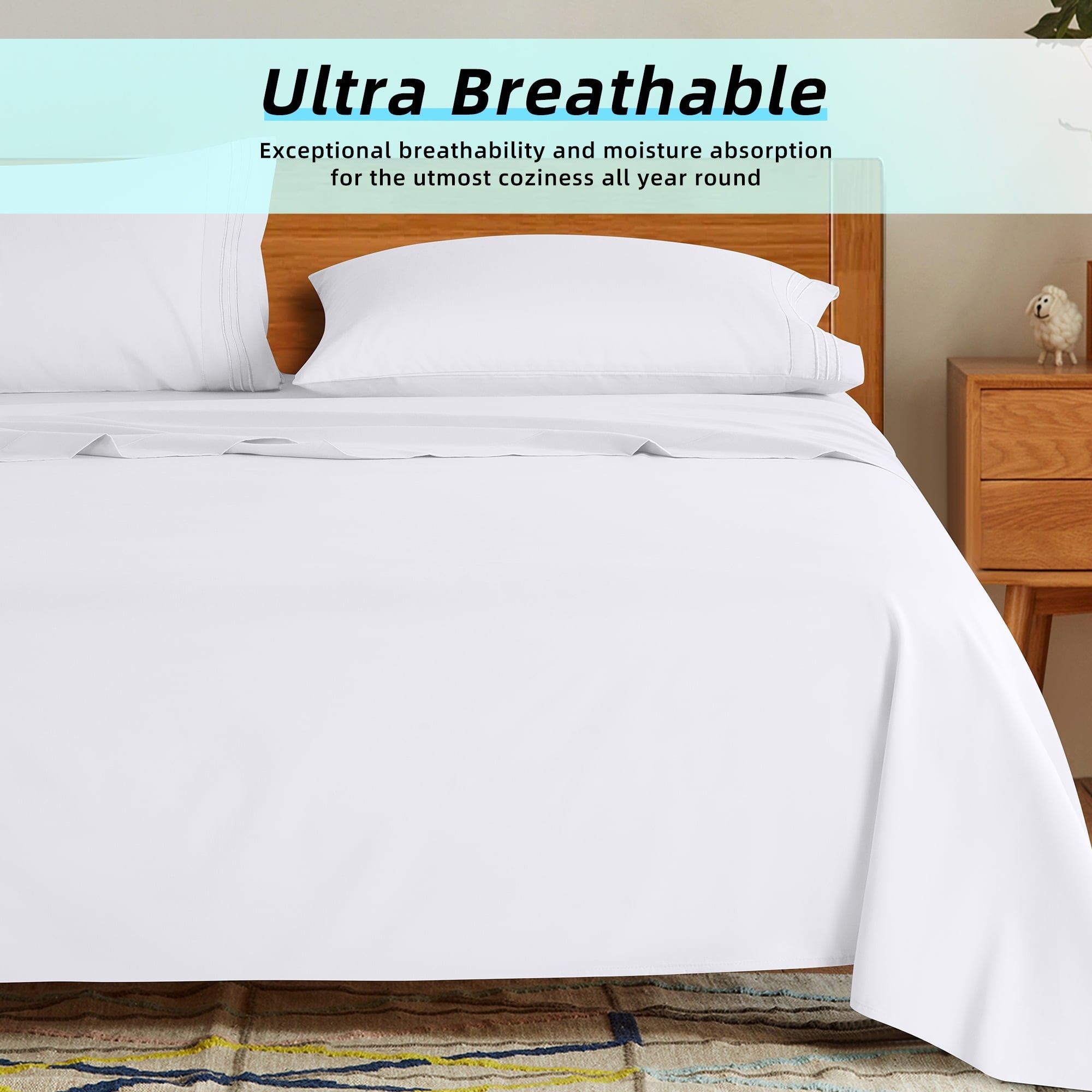 Wrinkle-Resistant Bed Sheets Set, Microfiber Deep Pocket 4 Pieces Luxury Soft Sheet Set, Queen, White - Cooling Hotel Quality Bedding Sheets and Pillowcases Detail