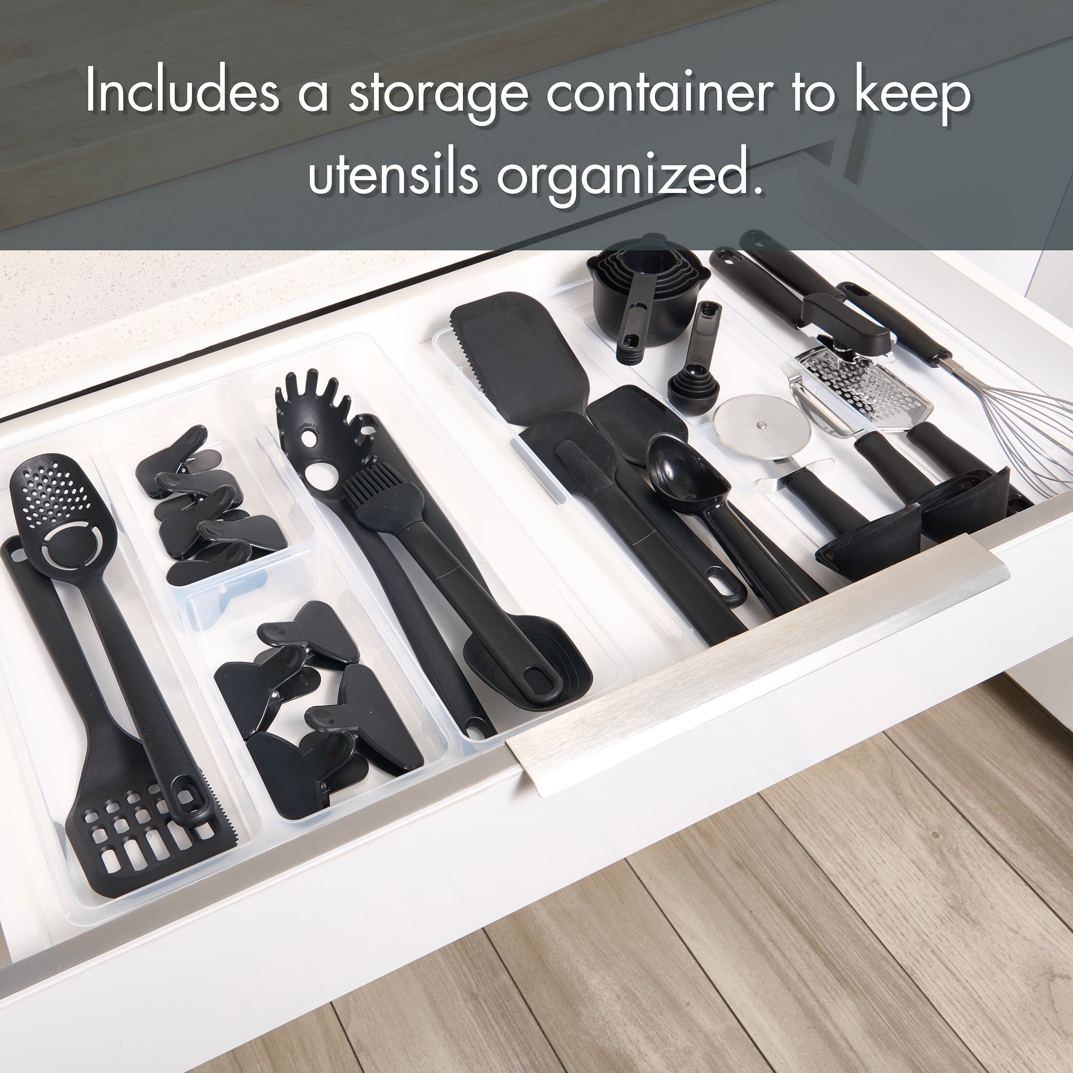 Seamless One-Piece 36 Piece Kitchen Gadget Set with Kitchen Cooking Utensils, and Drawer Organizer, Black - Durable Turner & Ladle Utensil Set for Home Chefs Detail