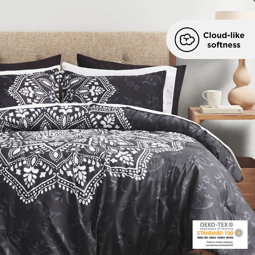 Heavyweight Warmth Queen Comforter Set, Bedding Comforter Set Queen Size W/ Side Pockets, Black, 9 Pieces - Cloud-Like Soft Lightweight Bed Comforter Detail