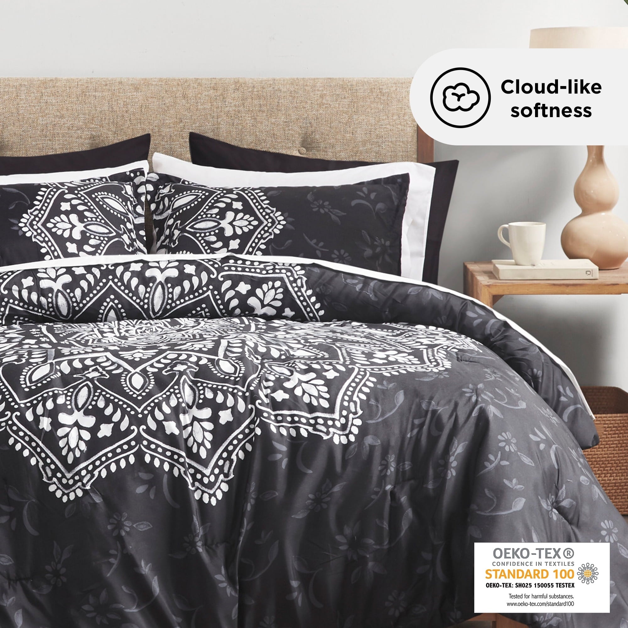 Heavyweight Warmth Queen Comforter Set, Bedding Comforter Set Queen Size W/ Side Pockets, Black, 9 Pieces - Cloud-Like Soft Lightweight Bed Comforter Detail
