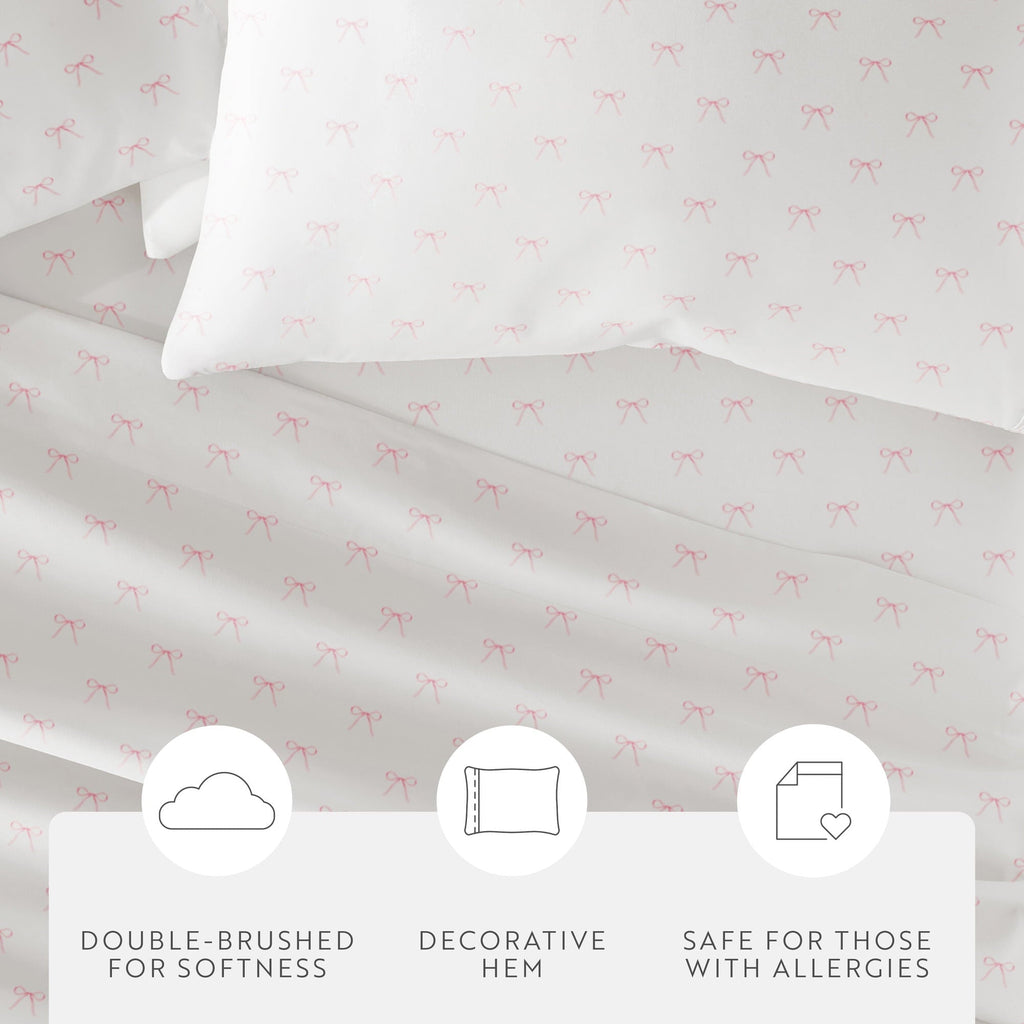 Ultra-Soft 3 Piece Ditsy Pattern Microfiber Bed Sheets, Pink Bows, Twin-XL - Premium Ultra-Soft Pillowcase Pair for Sleeping Detail