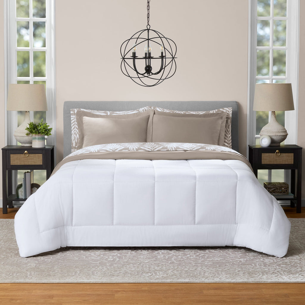 Fluffy Down Alternative All in One Reversible Comforter and Sheet Set- 7 Piece, Queen, Beige Palm - All-Season Down Alternative Comforter Insert Detail