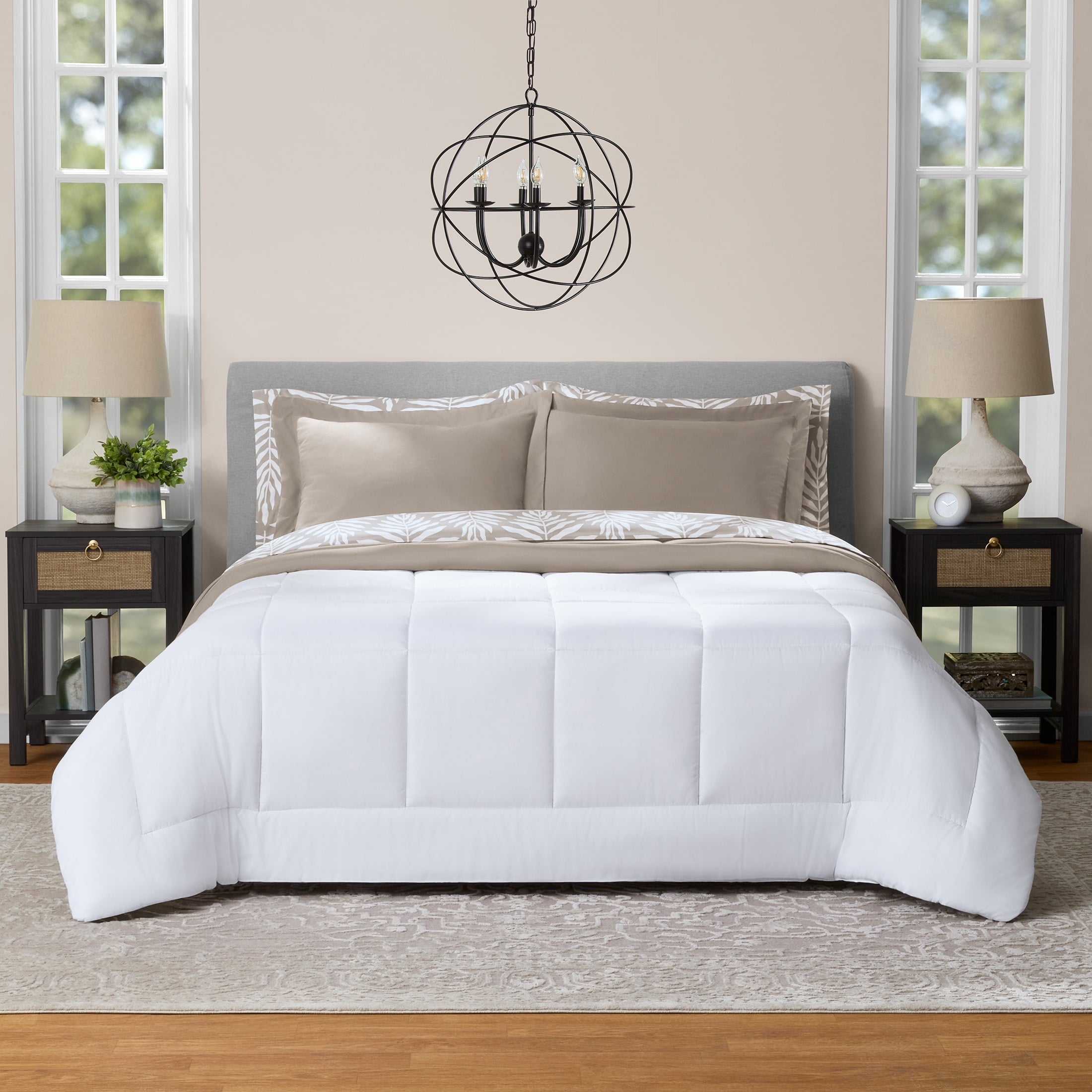 Fluffy Down Alternative All in One Reversible Comforter and Sheet Set- 7 Piece, Queen, Beige Palm - All-Season Down Alternative Comforter Insert Detail