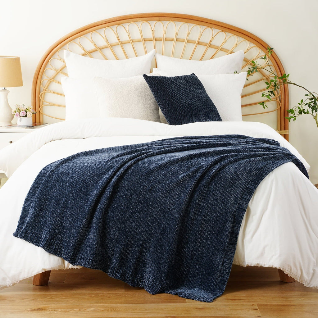 Lightweight Warm Navy Blue Chenille Throw for Couch Bed,Soft Navy Knit Blanket, Housewarming Gifts, 51"x 67" - Super Soft Reversible Sherpa Flannel Blanket Detail