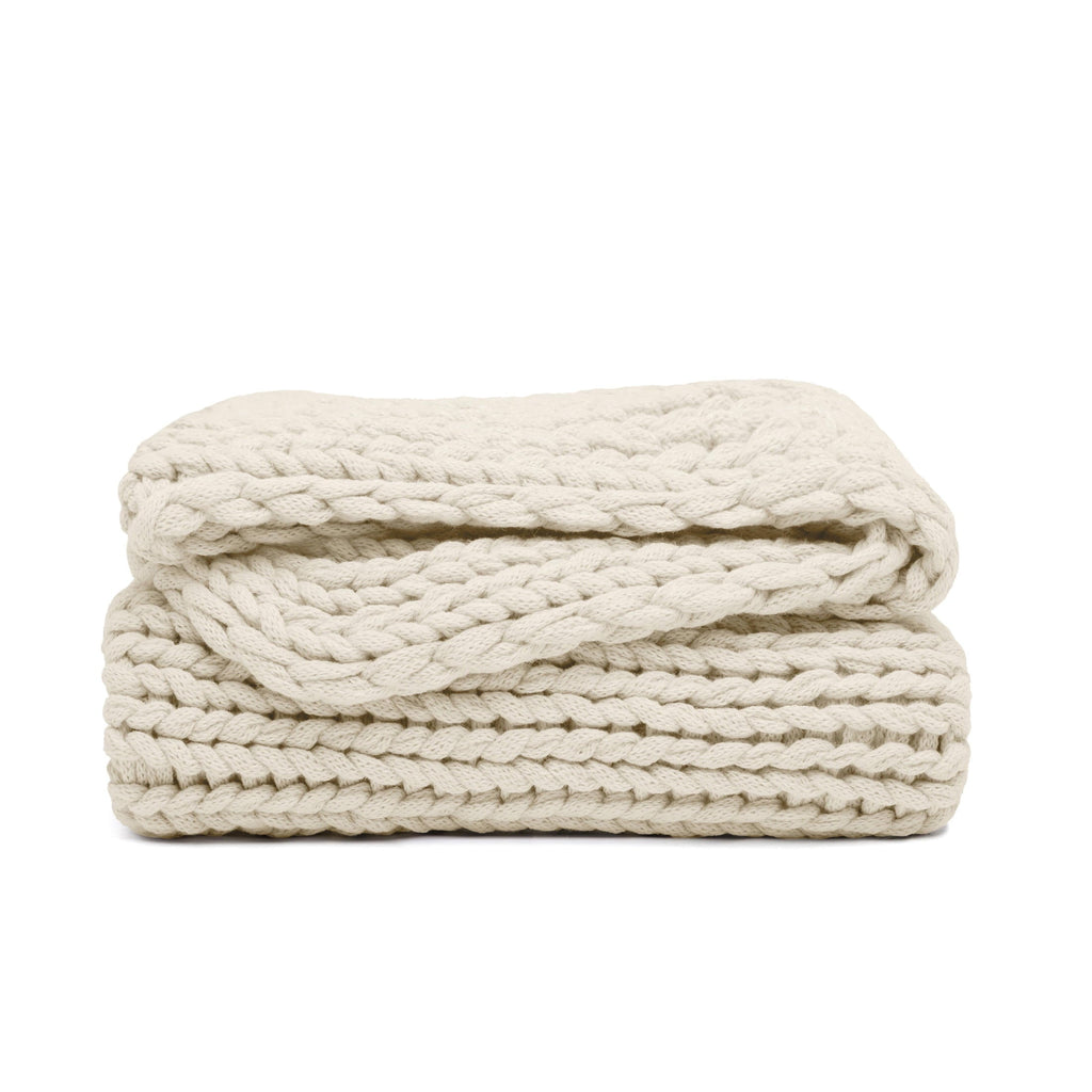 Super Soft Flannel Soft & Cozy Chunky Hand-Knit Throw Blanket, Ivory - Luxury Knitted Decorative Throw Blanket with Fringes Detail
