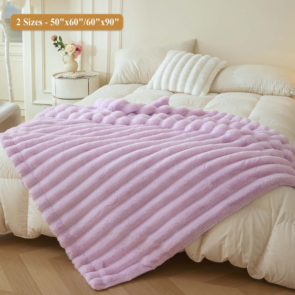 Reversible Sherpa Fluffy Faux Rabbit Fur Throw, Cozy Wide Stripe Plush Fuzzy Blanket for Bed Couch Sofa Chair, Light Purple Shaggy Thro... - Cozy Fleece Throw Blanket for Couch & Bed Detail