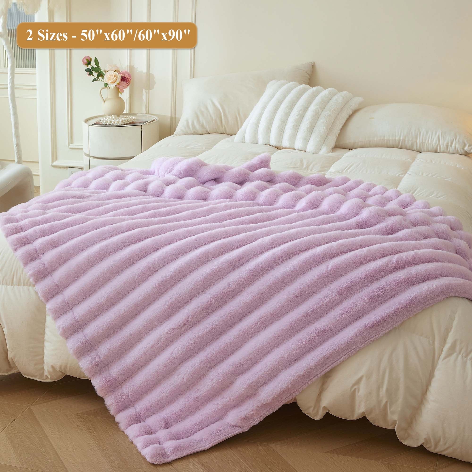Reversible Sherpa Fluffy Faux Rabbit Fur Throw, Cozy Wide Stripe Plush Fuzzy Blanket for Bed Couch Sofa Chair, Light Purple Shaggy Thro... - Cozy Fleece Throw Blanket for Couch & Bed Detail