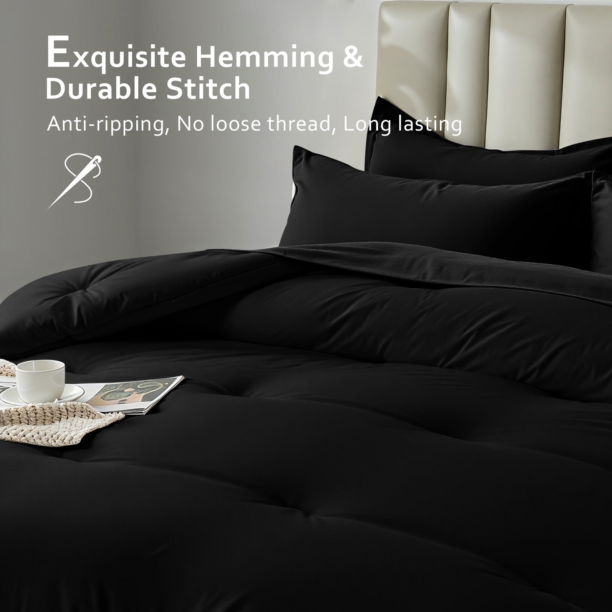 Fluffy Down Alternative 5-Piece Bed in Bag - Twin Size Comforter Sets, Pillowcases & Sheet Collection for Cozy Bedding Sets Black - All-Season Down Alternative Comforter Insert Detail
