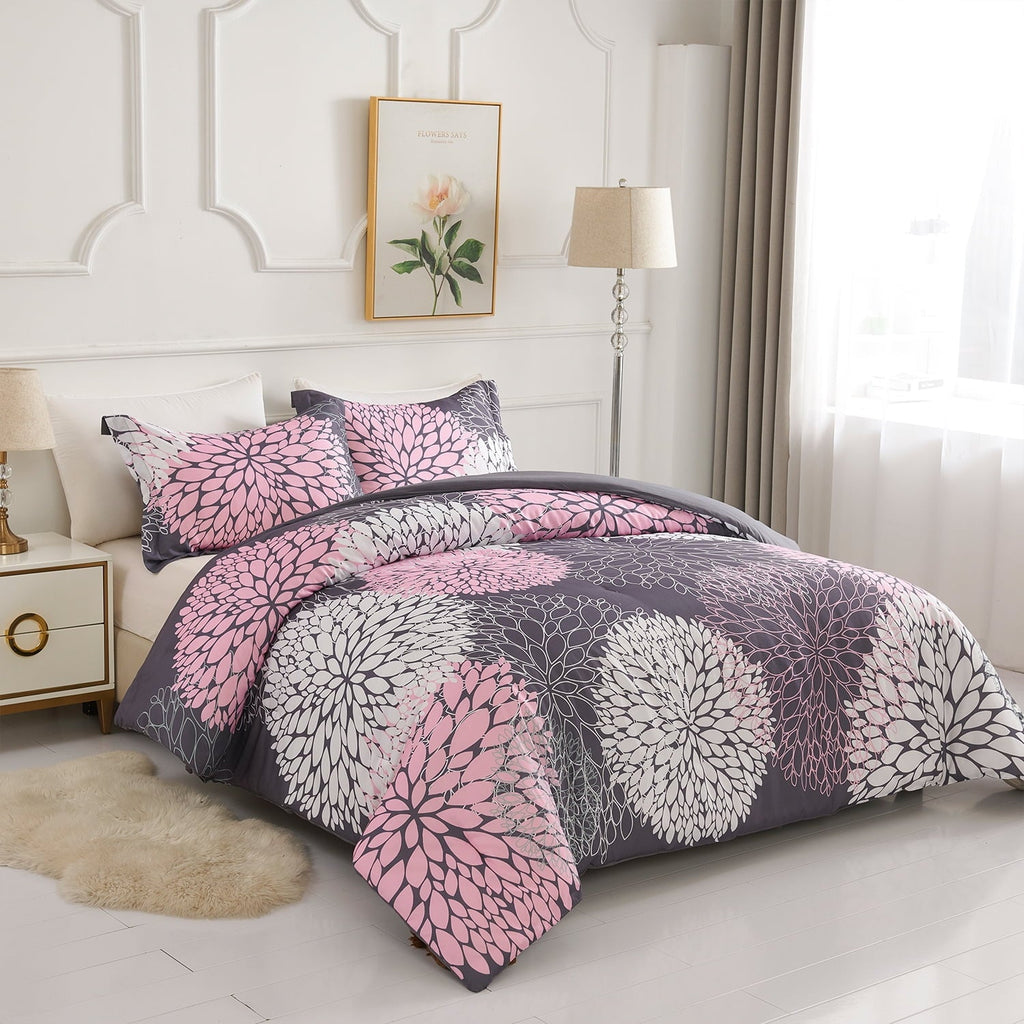 All-Season 2 Pieces Pink Floral Comforter Set Twin Size, Botanical Bedding Sets with Cute Flowers Printing for Teen Girls - All-Season Down Alternative Comforter Insert Detail