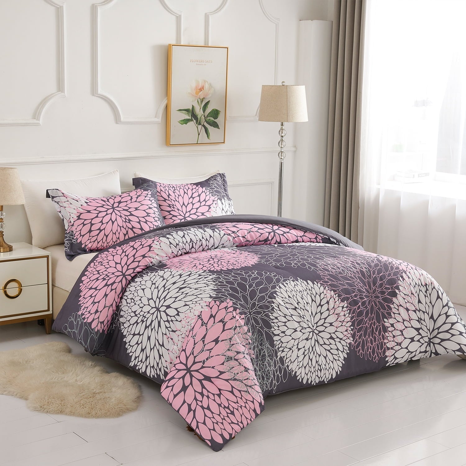All-Season 2 Pieces Pink Floral Comforter Set Twin Size, Botanical Bedding Sets with Cute Flowers Printing for Teen Girls - All-Season Down Alternative Comforter Insert Detail