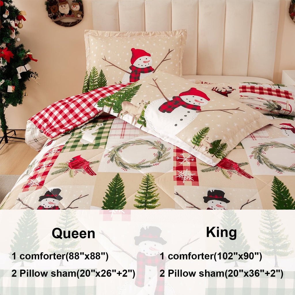 Heavyweight Warmth 3 Pcs Christmas Comforter Set, Bed in a Bag Wreath Snowman Queen/Full Size Xmas Bedding Set Fitted Pillowcases for Adult - Hypoallergenic Ultra-Fluffy Quilt for Winter Detail