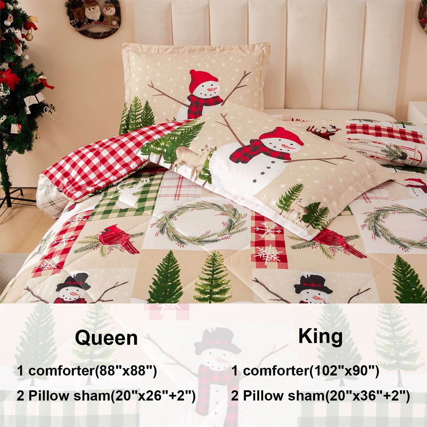 Heavyweight Warmth 3 Pcs Christmas Comforter Set, Bed in a Bag Wreath Snowman Queen/Full Size Xmas Bedding Set Fitted Pillowcases for Adult - Hypoallergenic Ultra-Fluffy Quilt for Winter Detail