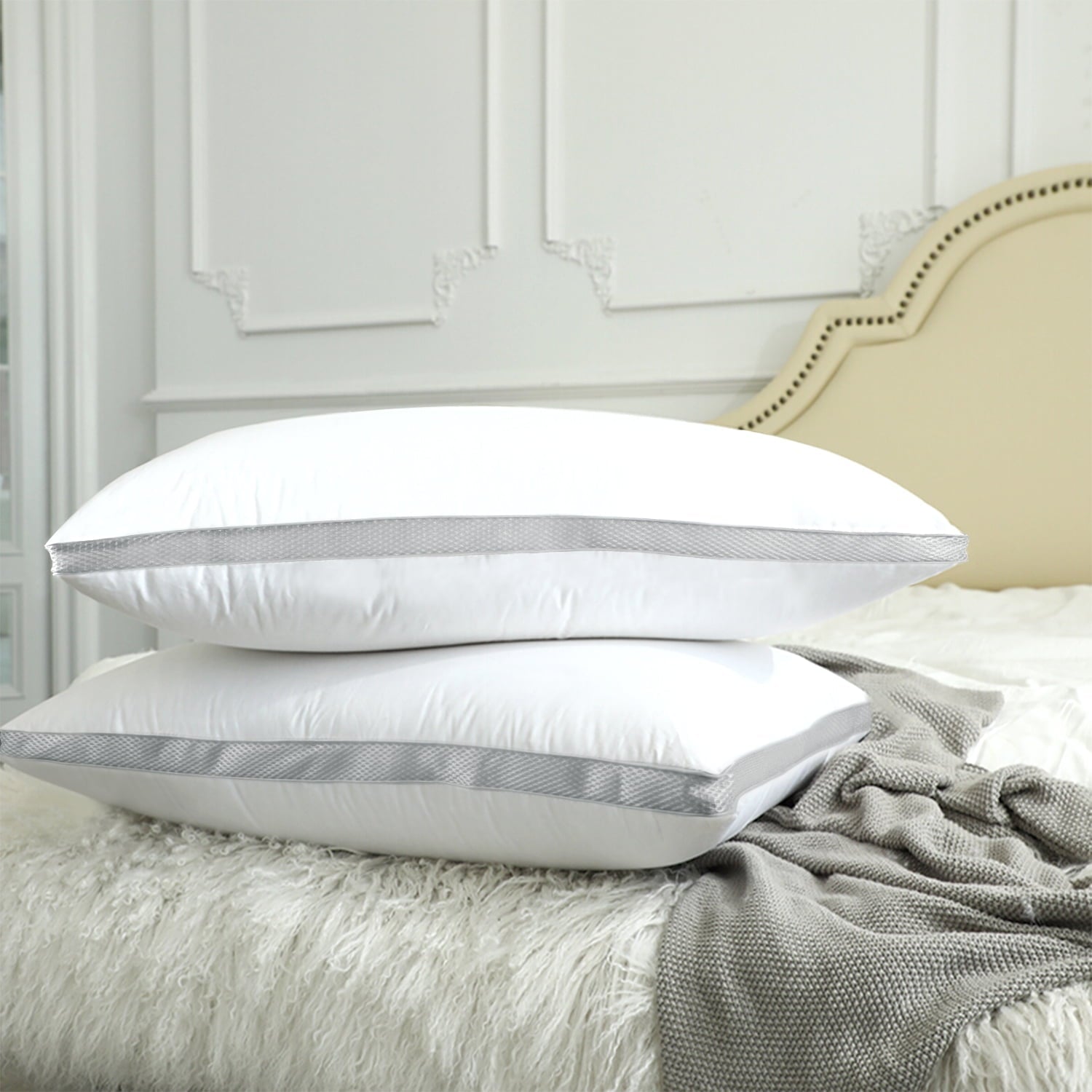 Orthopedic Support Down Alternative Bed Pillow with Cotton Cover and Gusset, 2 Pack, Queen, 20"x26" - Ergonomic Memory Foam Pillow for Neck Pain Support Detail