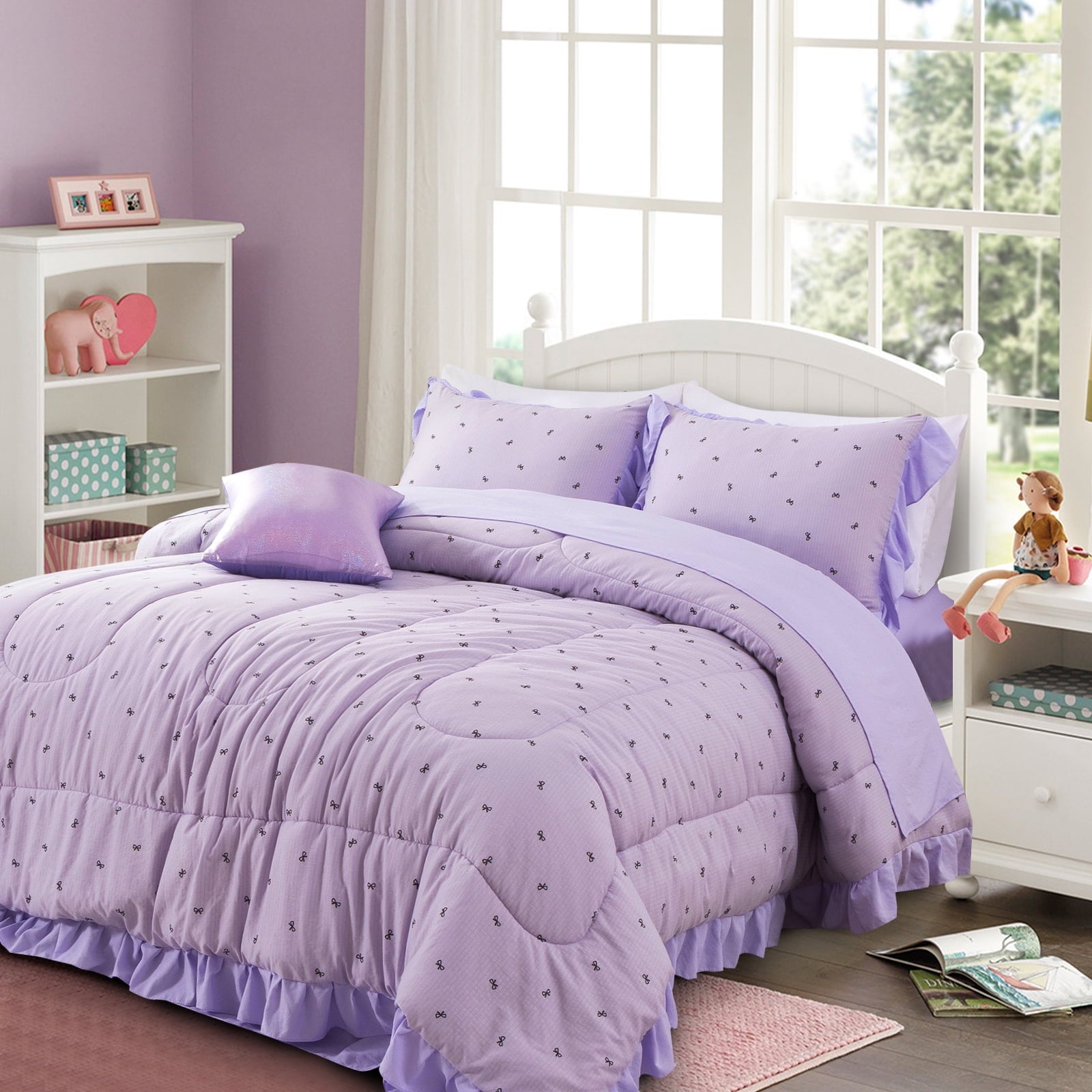 Fluffy Down Alternative 6 Piece Delicate Bows Purple Bedding Set Ruffle Princess Style Comforter Set Bed in a Bag - Luxurious Quilted Duvet Cover Set Detail