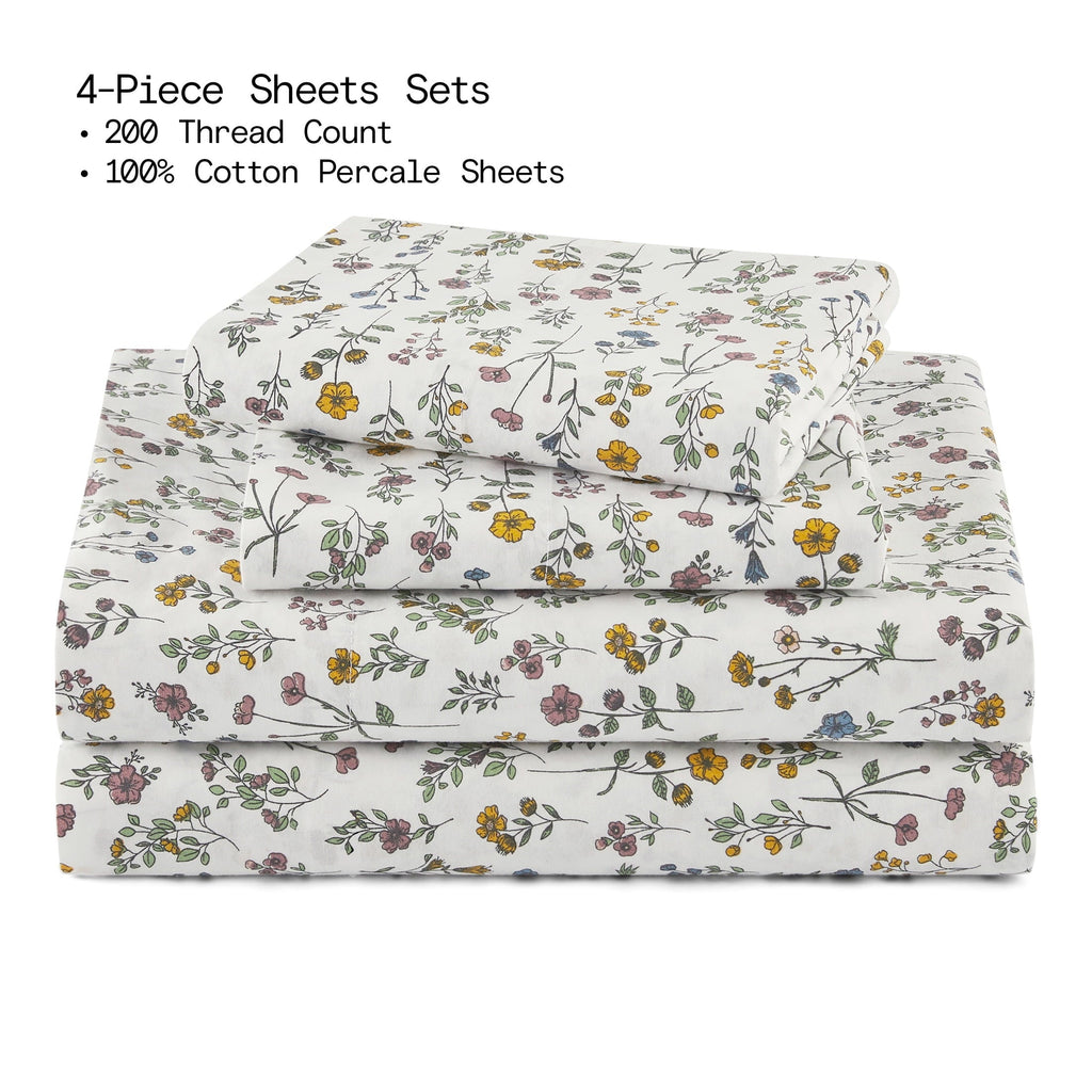 Ultra-Soft Botanical 4-Piece 100% Cotton Washed Percale White Sheet Set, Queen - Luxury Bed Sheet Set with Deep Pockets Detail