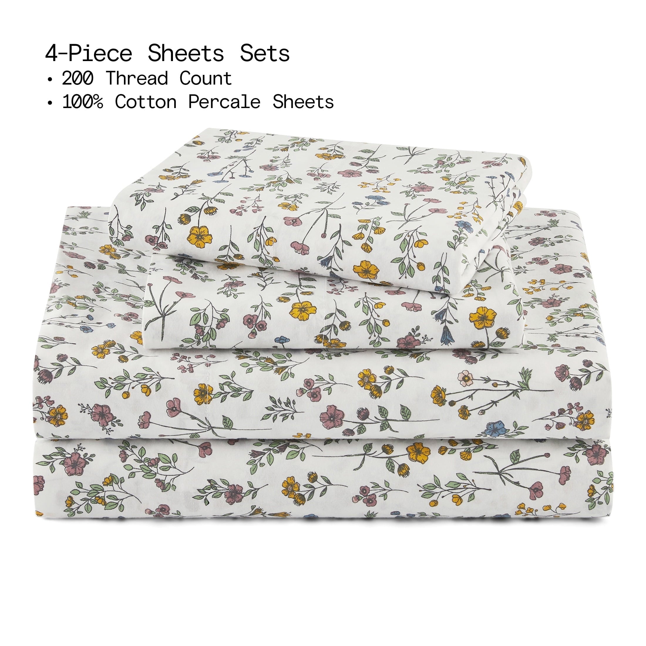 Ultra-Soft Botanical 4-Piece 100% Cotton Washed Percale White Sheet Set, Queen - Luxury Bed Sheet Set with Deep Pockets Detail