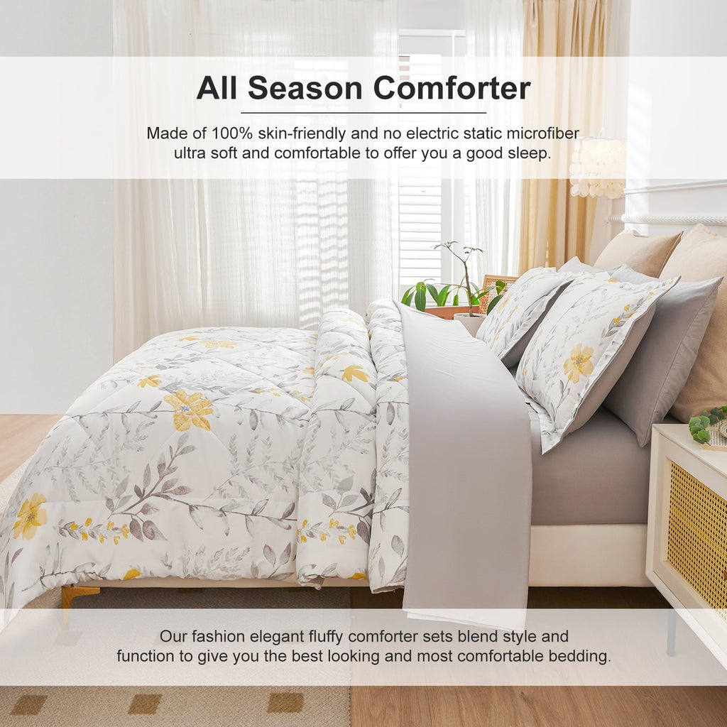 Heavyweight Warmth 3 Piece Comforter Set Queen Yellow Floral Quilt Microfiber Patchwork Bedspread - All-Season Down Alternative Comforter Insert Detail