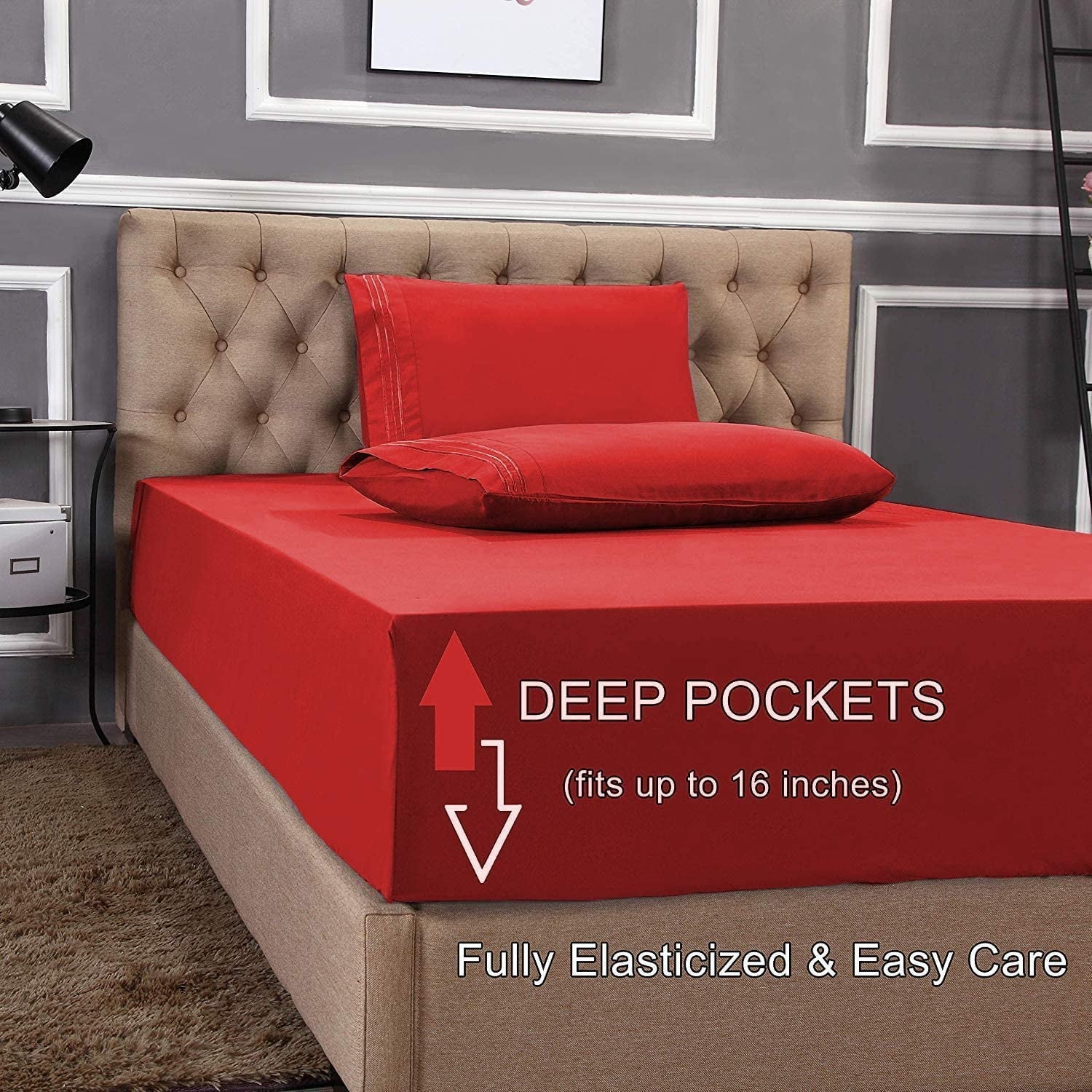 Wrinkle-Resistant 1800 Series Microfiber Bed Sheets 6-Piece Set, Deep Pocket, Queen Black - Breathable Egyptian Cotton Flat & Fitted Sheets Detail