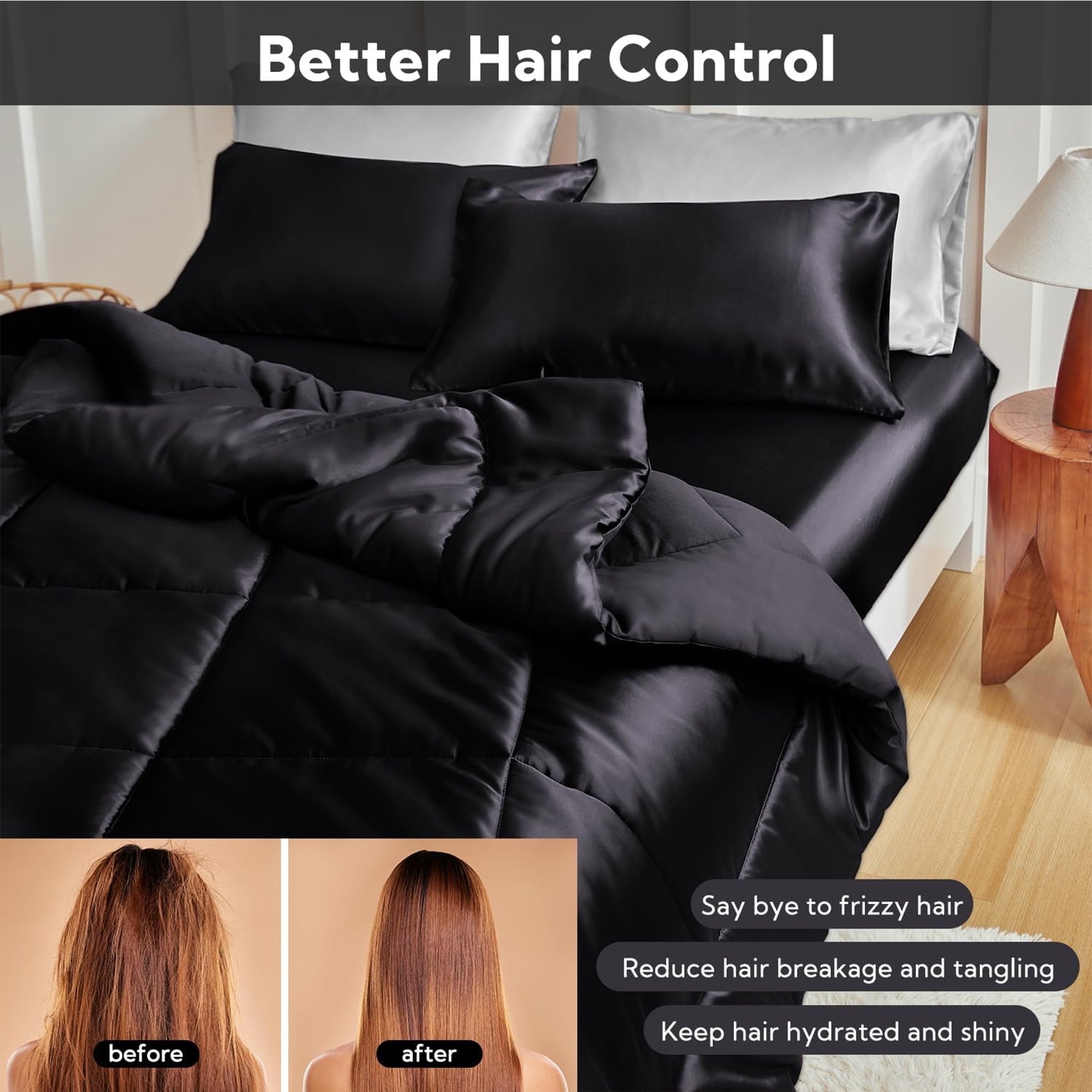 Heavyweight Warmth Reversible Satin Microfiber Comforter 3 Pieces Queen Size, Black Queen Comforter Set for All Seasons, Silky Soft Sati... - All-Season Down Alternative Comforter Insert Detail