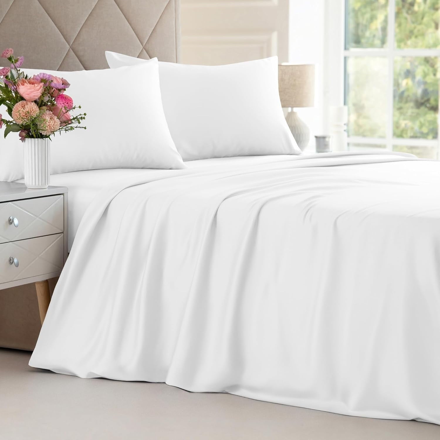 Ultra-Soft 4-Piece Luxury Bamboo Cooling Sheet Set - Queen Size 100% Bamboo Derived Rayon Premium Bed Sheets, White - Cooling Hotel Quality Bedding Sheets and Pillowcases - Default Title