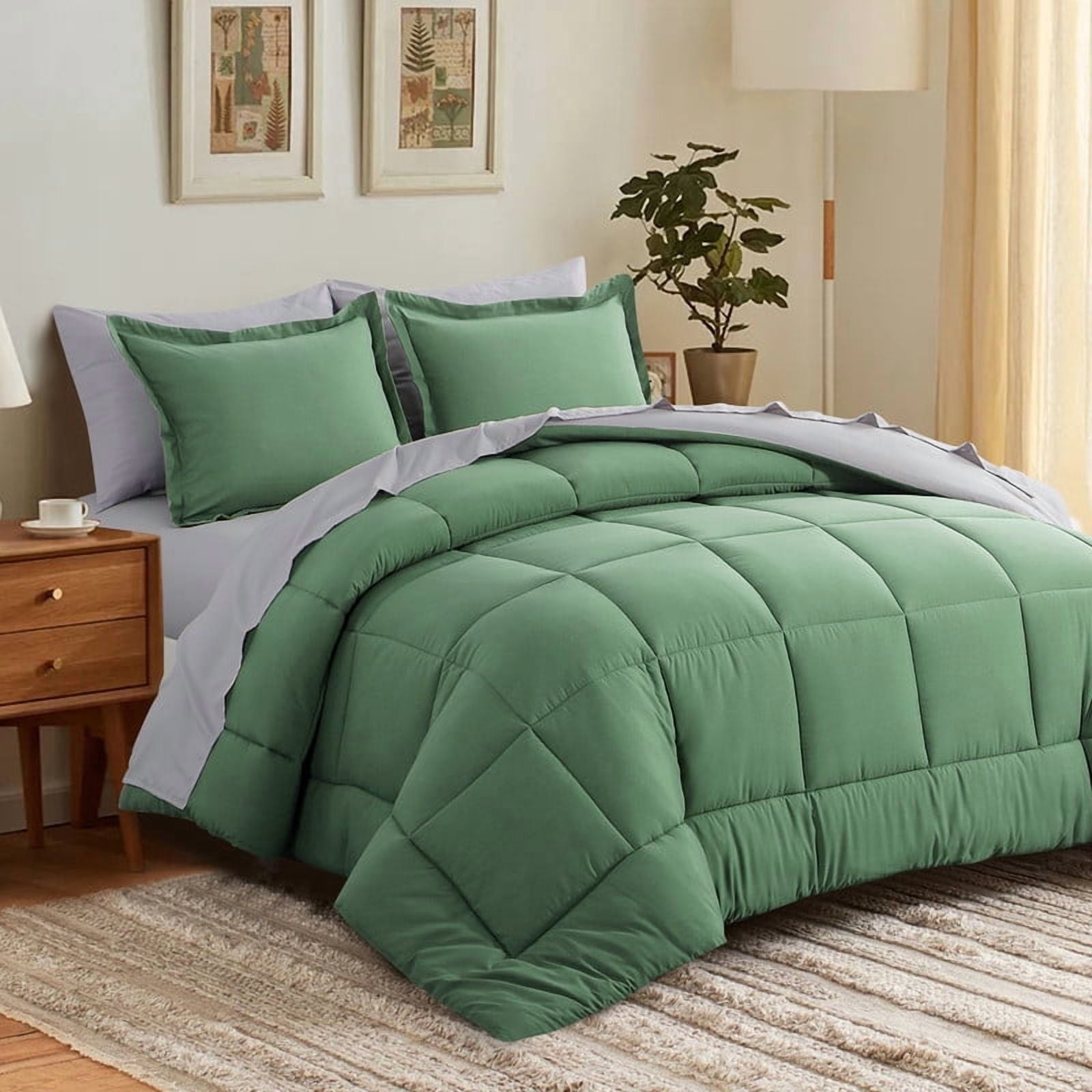 All-Season Grass Green/Grey Queen Size Comforter Set,3-Pieces Reversible Comforter Set Soft and Lightweight,All Season Down Alte... - All-Season Down Alternative Comforter Insert Detail