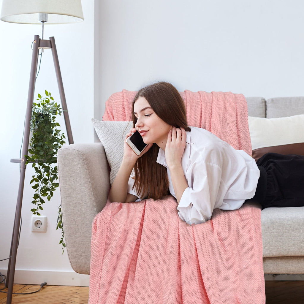 Cozy Fleece Pure Cotton Soft Cable Knit Throw Blanket Pink 50" x 70" - Cozy Fleece Throw Blanket for Couch & Bed Detail