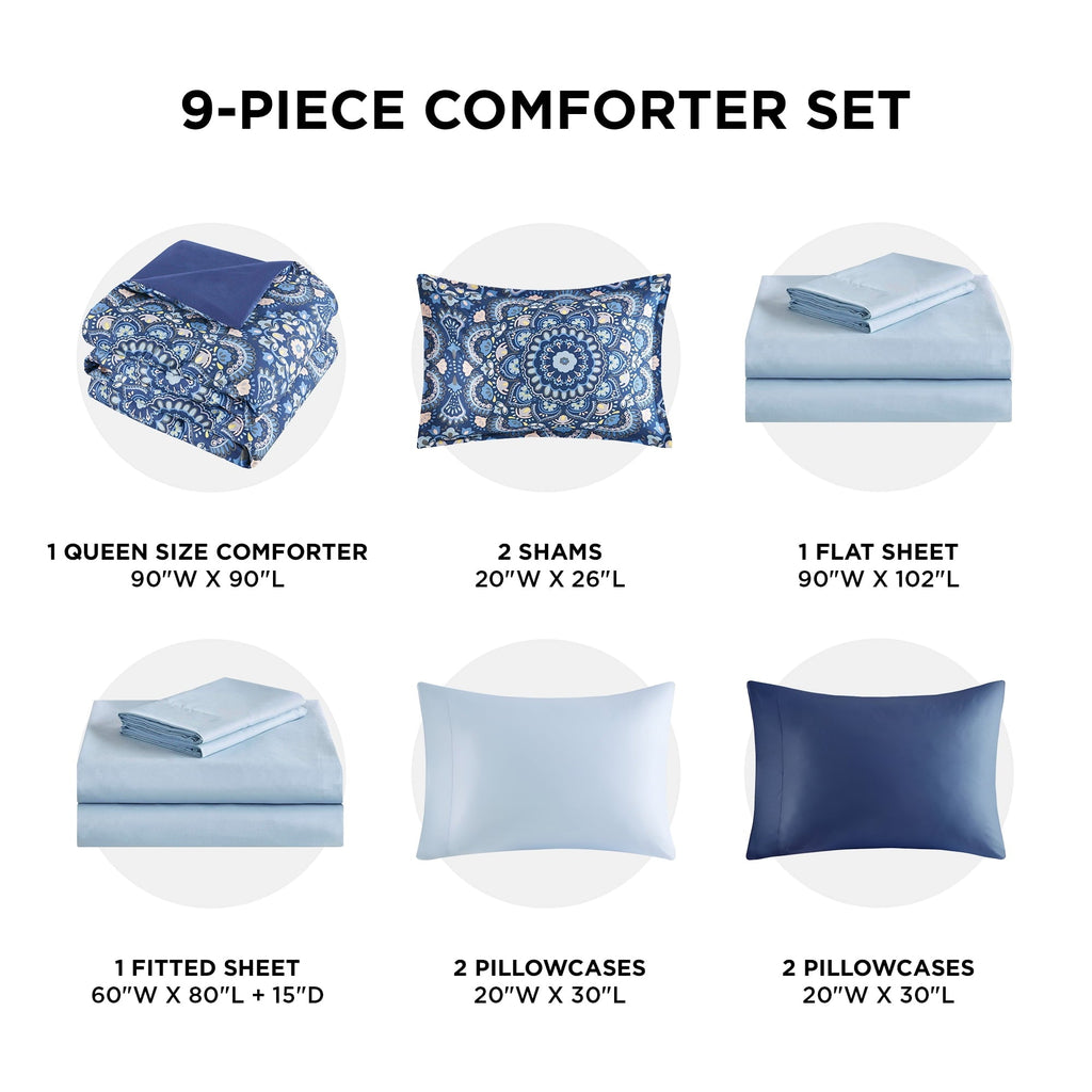 Fluffy Down Alternative Queen Size Comforter Set, 9-Piece Bed in a Bag Queen, Navy Blue Bedding Comforter Set with Comforter, Flat Sheets, Fi... - All-Season Down Alternative Comforter Insert Detail