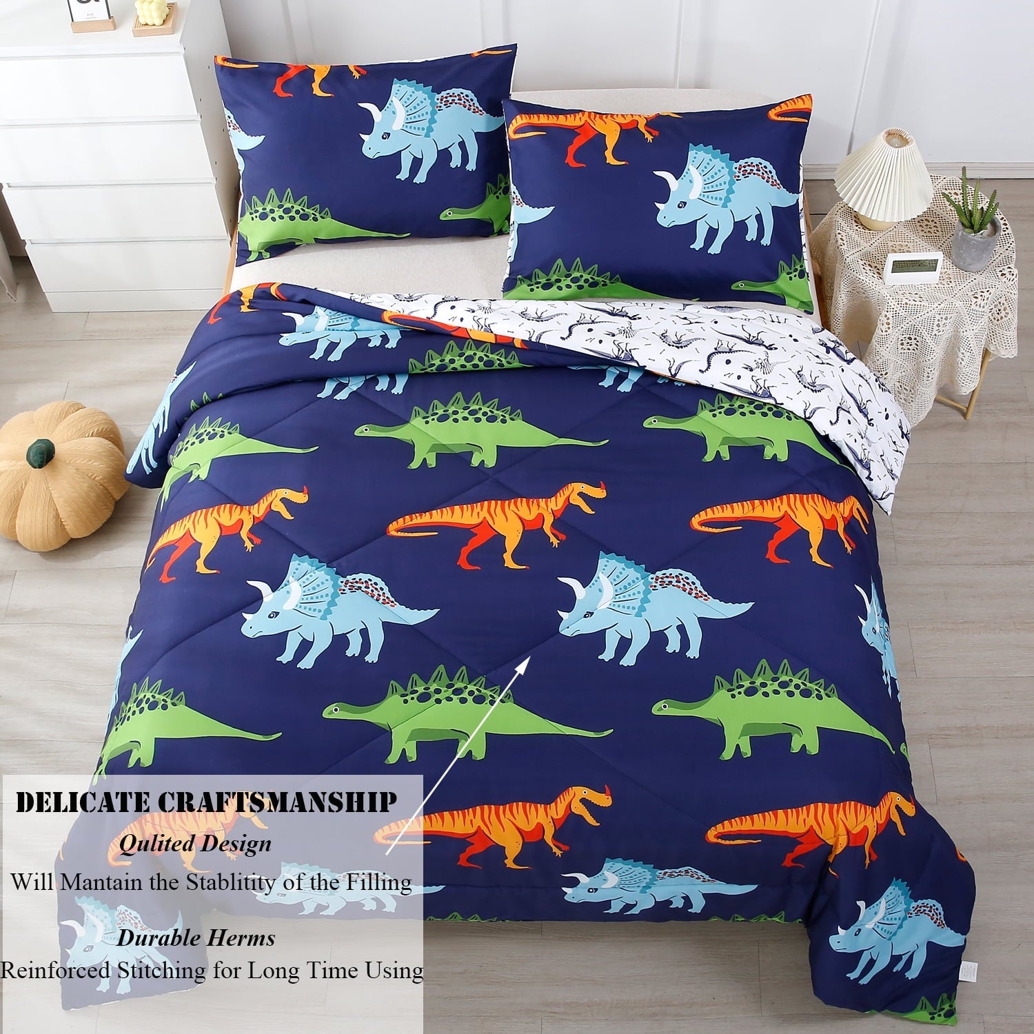 All-Season 3 Pcs Dinosaur Twin Size Bedding Sets for Boys, Dinosaur Printing Boys Comforter Set, Blue and White Reversible Bed C... - All-Season Down Alternative Comforter Insert Detail