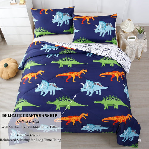 All-Season 3 Pcs Dinosaur Twin Size Bedding Sets for Boys, Dinosaur Printing Boys Comforter Set, Blue and White Reversible Bed C... - All-Season Down Alternative Comforter Insert Detail