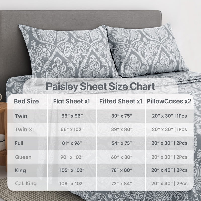 Wrinkle-Resistant Lux Decor 4 Piece Queen Sheet Set, Brushed Microfiber Paisley Printed Bed Sheet Set with up to 16" Deep Pocket Fitted... - Luxury Bed Sheet Set with Deep Pockets Detail