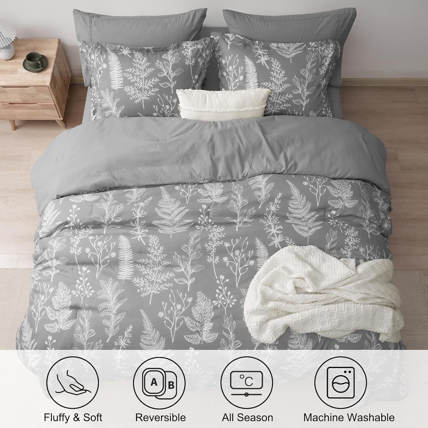 Luxurious Quilted 7 Pieces Printed King Comforter Set, Lightweight Reversible Botanical Bedding Set Include Comforter, Pillow Shams, Fl... - Hypoallergenic Ultra-Fluffy Quilt for Winter Detail
