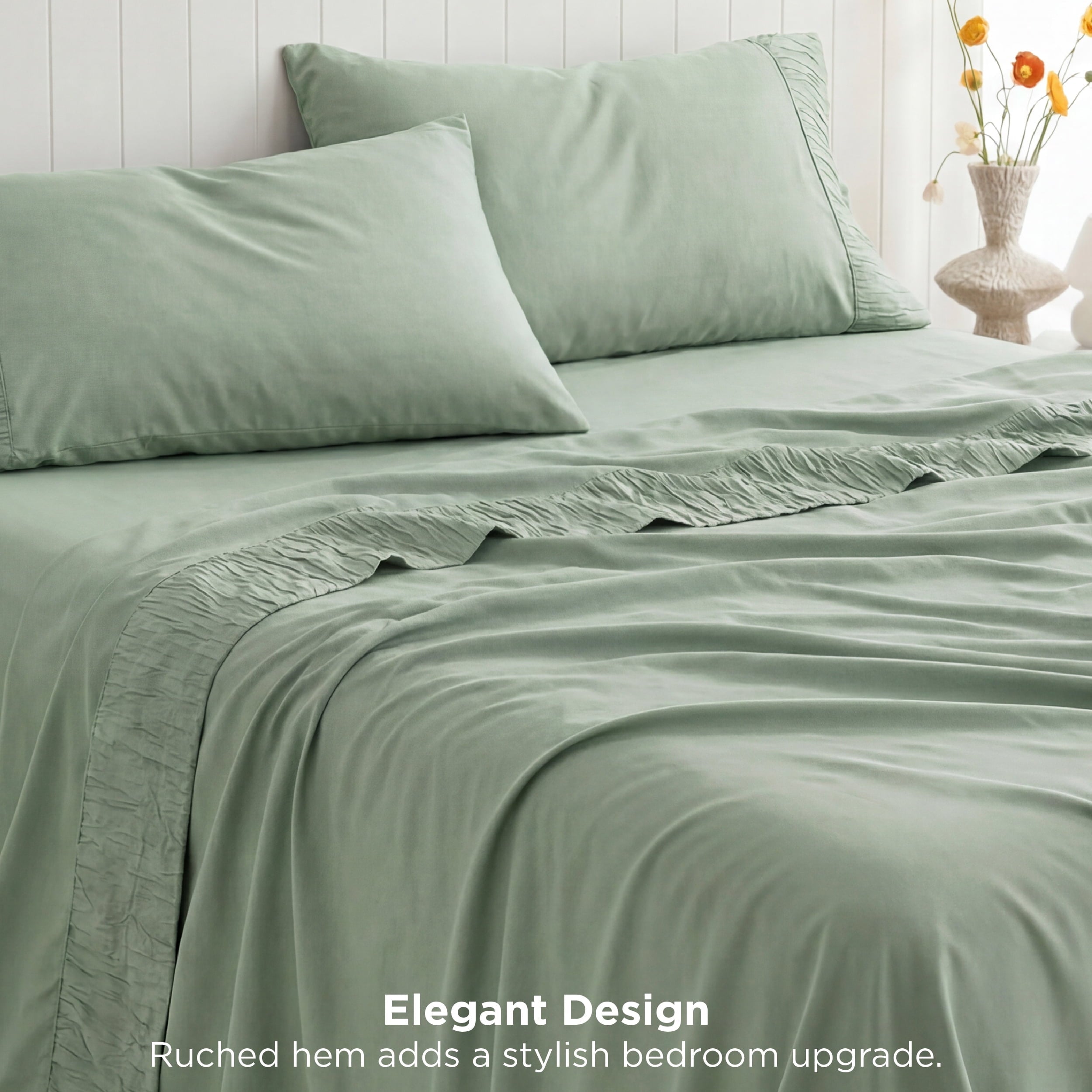 Wrinkle-Resistant Queen Sheets Set, 4 Pieces Deep Pockets Cooling Soft Polyester Microfiber Bed Sheets Set, Sea Foam Green - Cooling Hotel Quality Bedding Sheets and Pillowcases Detail
