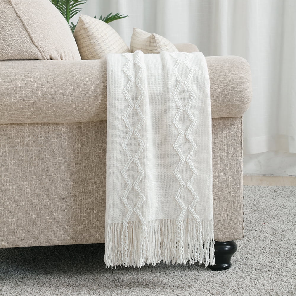 Super Soft Flannel Fluffy Chenille Knitted Fringe Throw Blanket, Lightweight Soft Cozy Bed Sofa Chair Blanket, White, 50" x 60" - Cozy Fleece Throw Blanket for Couch & Bed Detail
