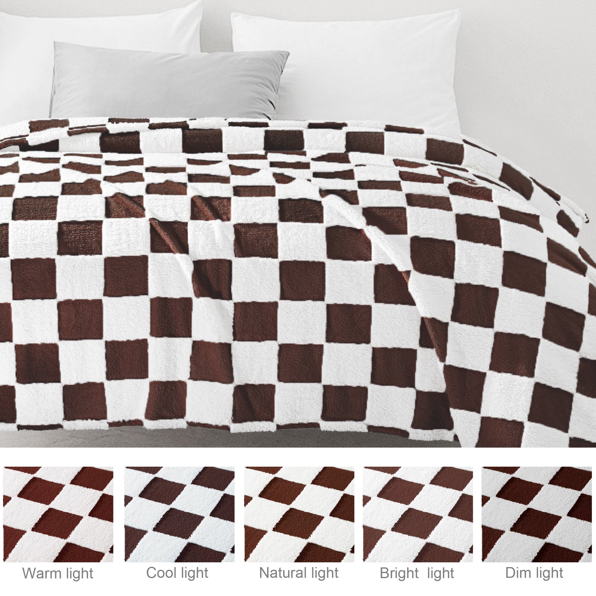 Lightweight Warm Checkered Throw Blanket, Super Soft and Warm Fluffy Fleece Blanket for Couch, Sofa, Bed, Cute Plaid Pattern, Coffee, ... - Cozy Fleece Throw Blanket for Couch & Bed Detail