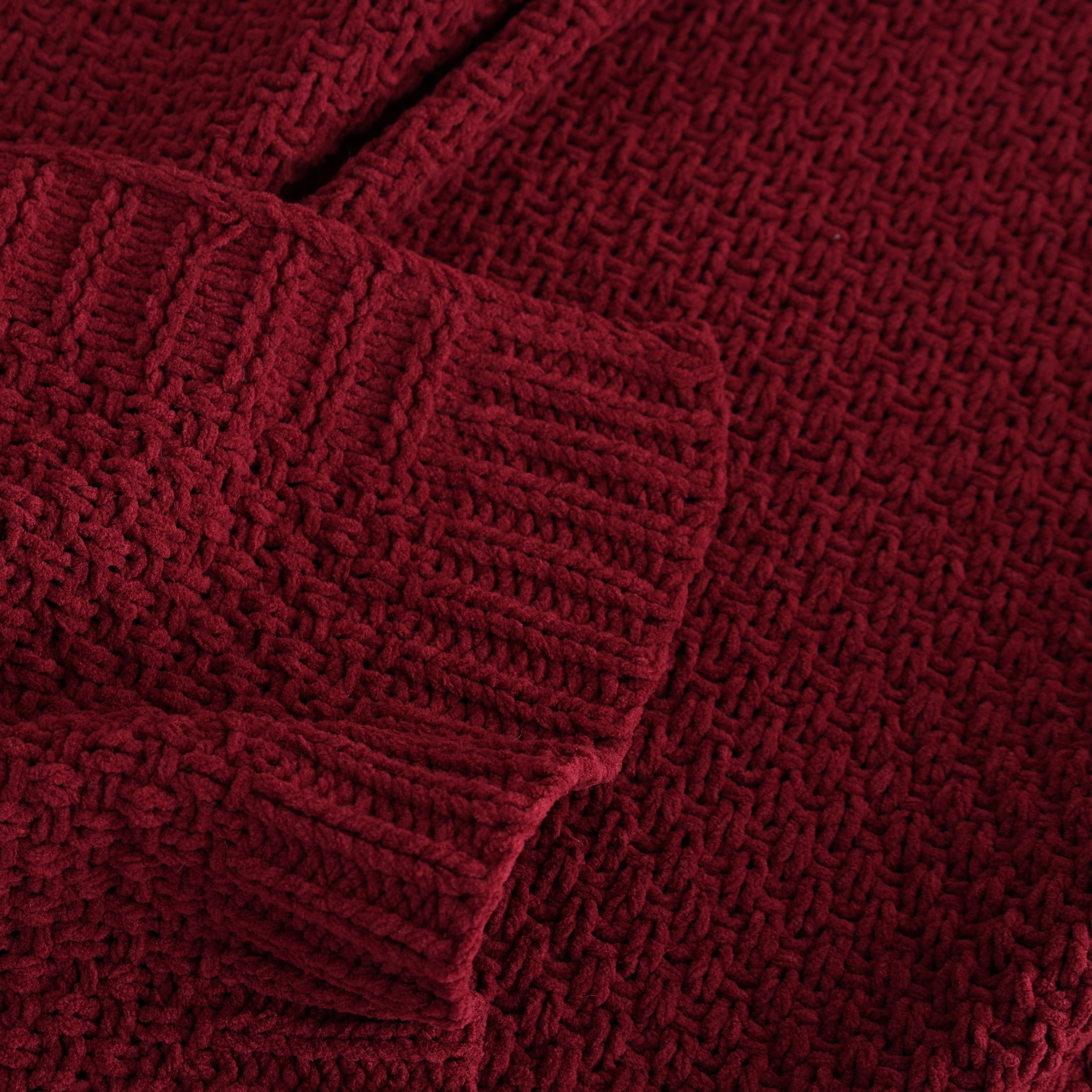 Decorative Knitted Chenille Knit Super Soft Oversized Throw Blanket, Merlot Wine - Cozy Fleece Throw Blanket for Couch & Bed Detail