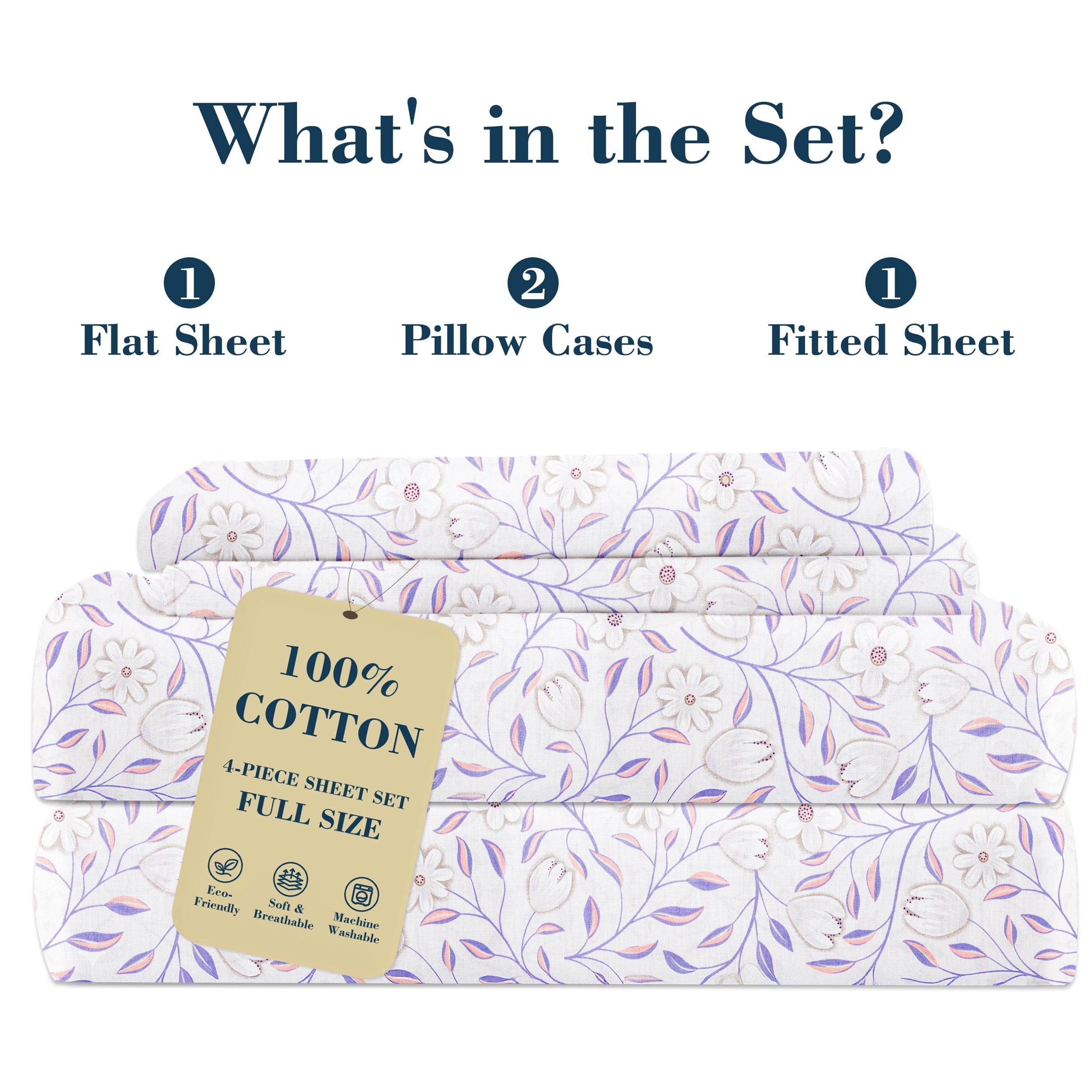 Ultra-Soft 100% Cotton Full Size Sheets,4 Piece Pure Percale Bed Sheets Set Deep Pocket Fits Mattress Upto 15",floral vine pattern - Premium Ultra-Soft Pillowcase Pair for Sleeping Detail