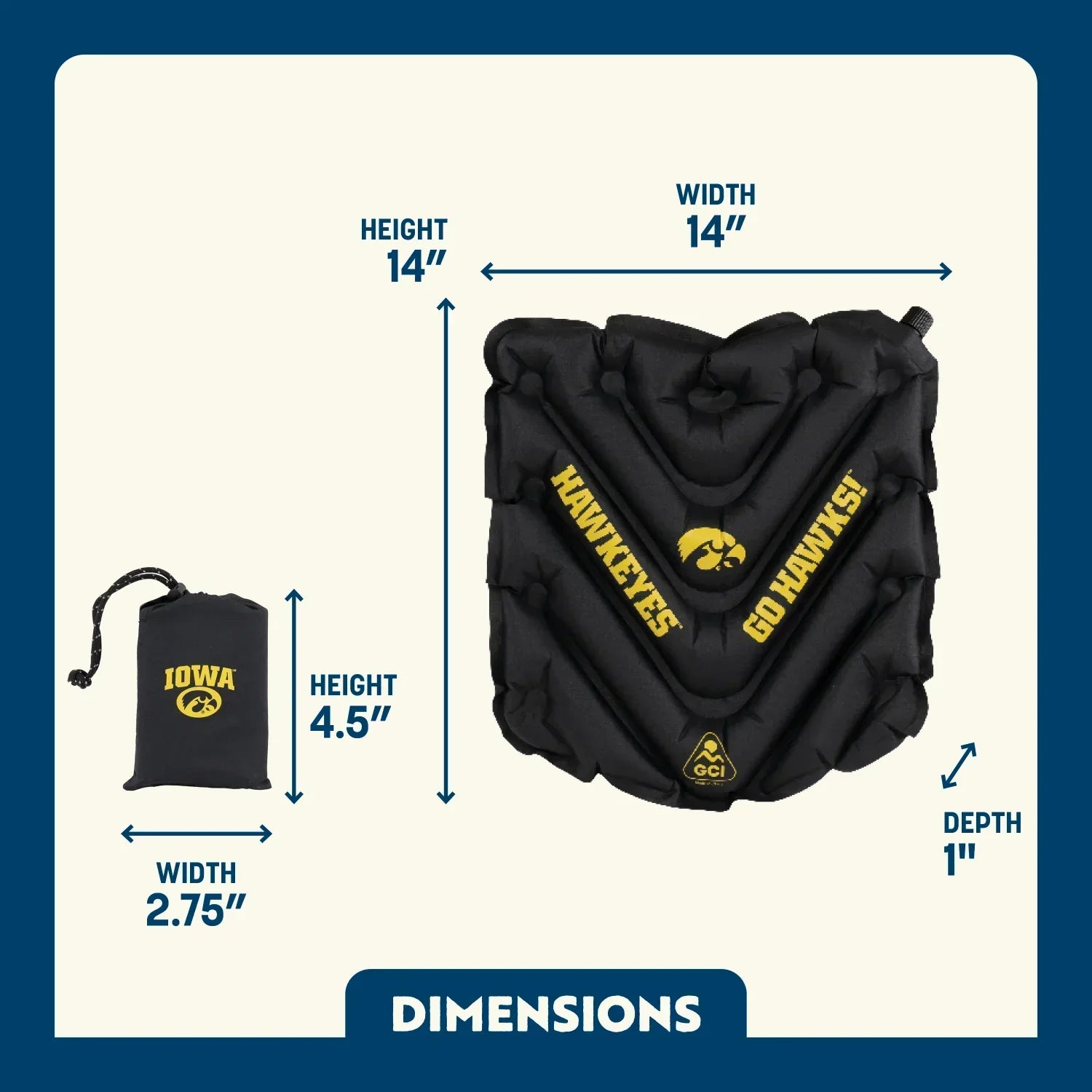 Compact Cushion College V Seat Inflatable Stadium Cushion - Iowa Hawkeyes - Choice 157 - Grandstand Cushion Seat with Secure Under-Bench Hooks Detail