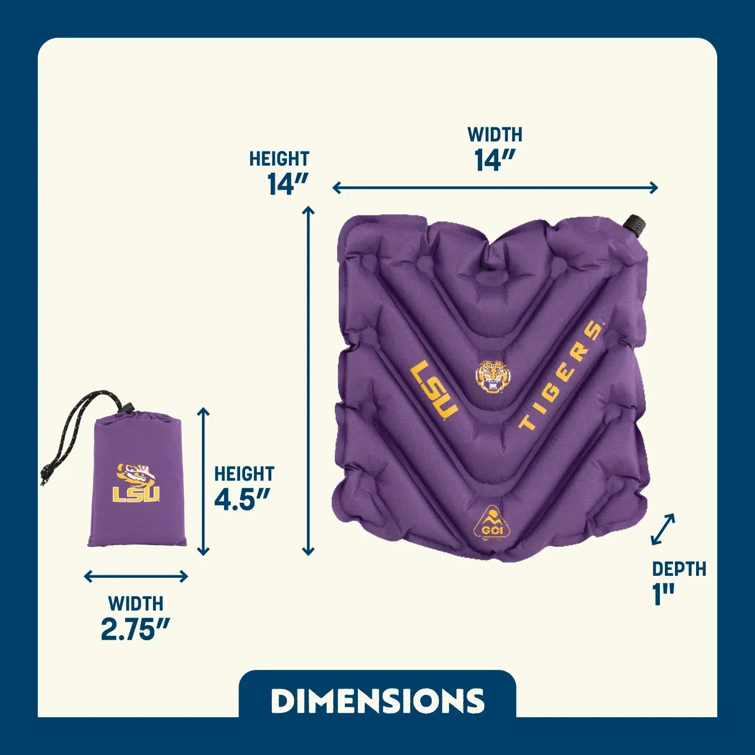 Bleacher-Friendly College V Seat Inflatable Stadium Cushion - LSU Tigers - Choice 762 - Grandstand Cushion Seat with Secure Under-Bench Hooks Detail