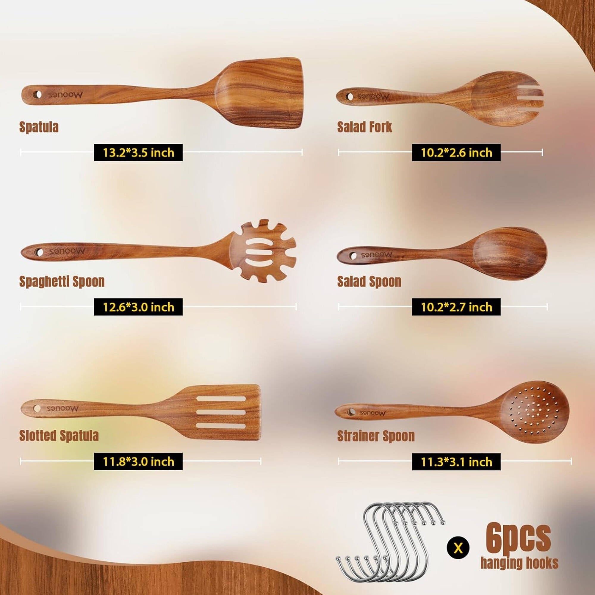 Seamless One-Piece 6-Piece Natural Teak Wooden Spoons for Cooking With 10 Hooks，Handcrafted Kitchen Utensils Set ，Ideal Gift Set - Premium Stainless Steel Cooking Utensil for Non-Stick Pots Detail