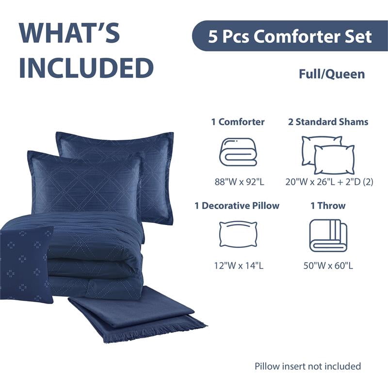 Luxurious Quilted 5-Piece Reversible Comforter Set Navy Cross Stitch Bedding with Decor Pillow and Throw, Full/Queen - Cloud-Like Soft Lightweight Bed Comforter Detail