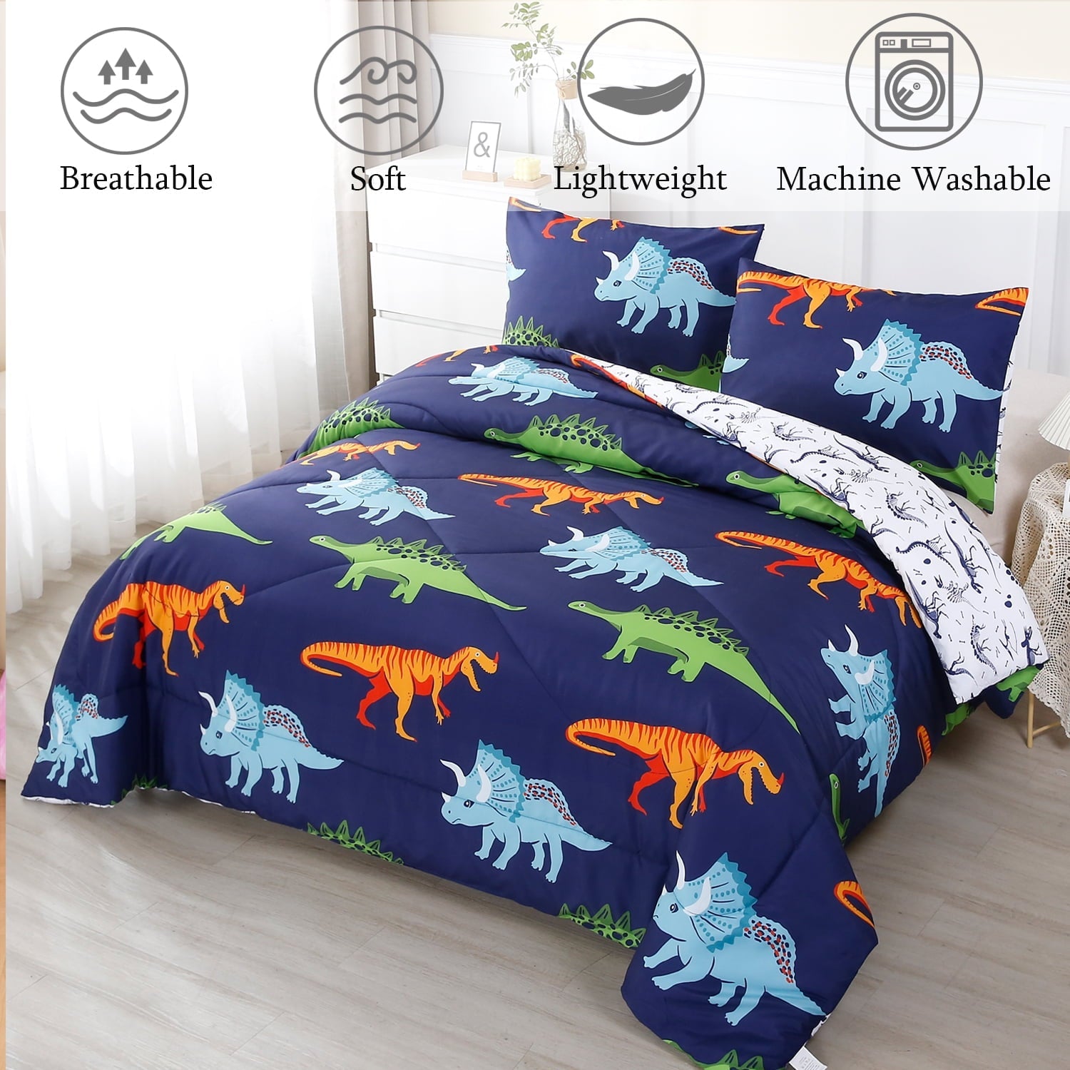 All-Season 3 Pcs Dinosaur Twin Size Bedding Sets for Boys, Dinosaur Printing Boys Comforter Set, Blue and White Reversible Bed C... - All-Season Down Alternative Comforter Insert Detail