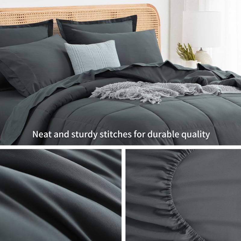 Hypoallergenic Cloud 7 Pieces Comforter Set with Sheets - Bed in a Bag with Comforter and All Season Sheets, Pillowcases,Dark Gray,Queen - Luxurious Quilted Duvet Cover Set Detail